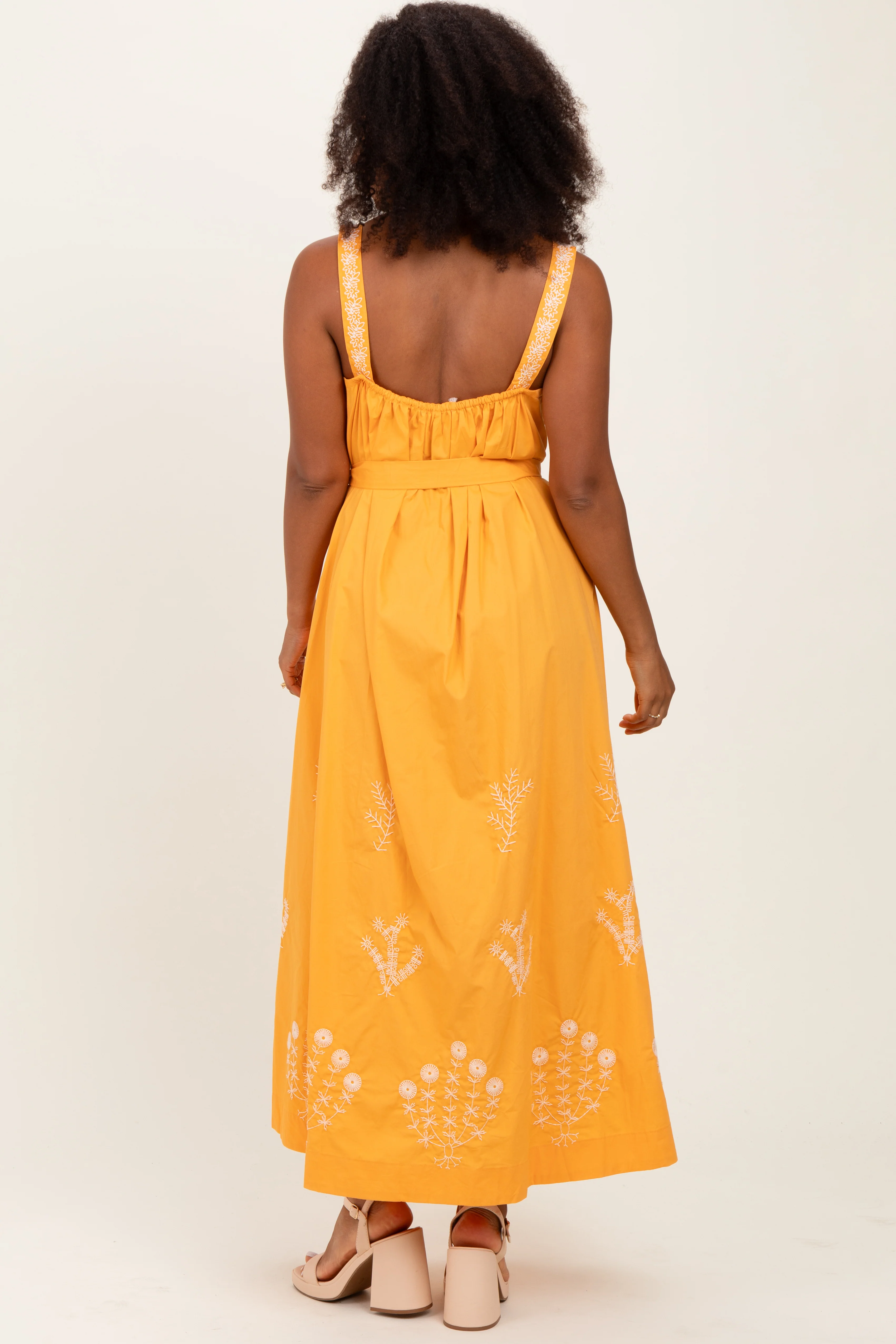 Orange Embroidered Sleeveless Sash Tie Maxi Dress - Image 4
