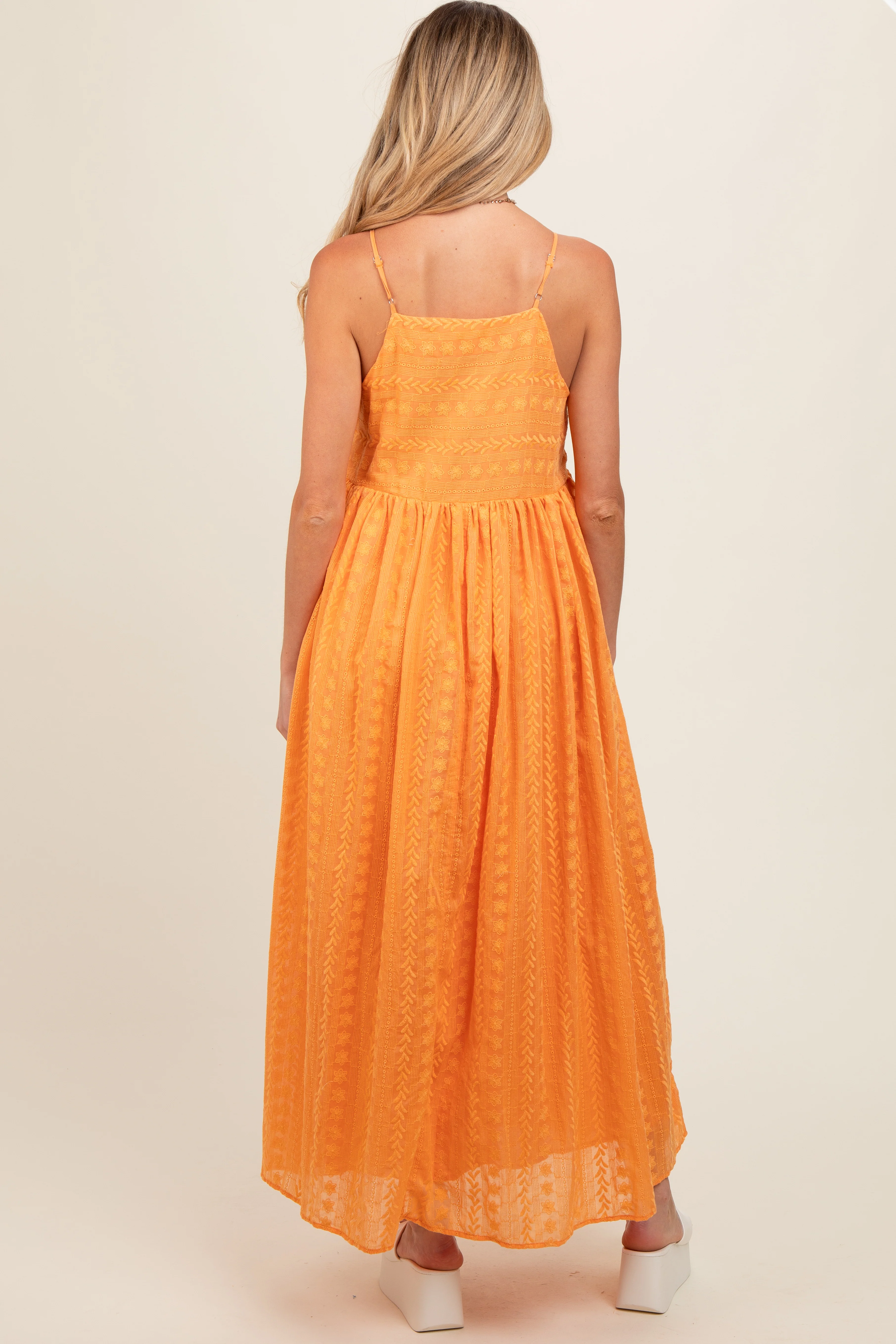 Orange Embroidered Tassel Tie Maternity Maxi Dress - Image 3
