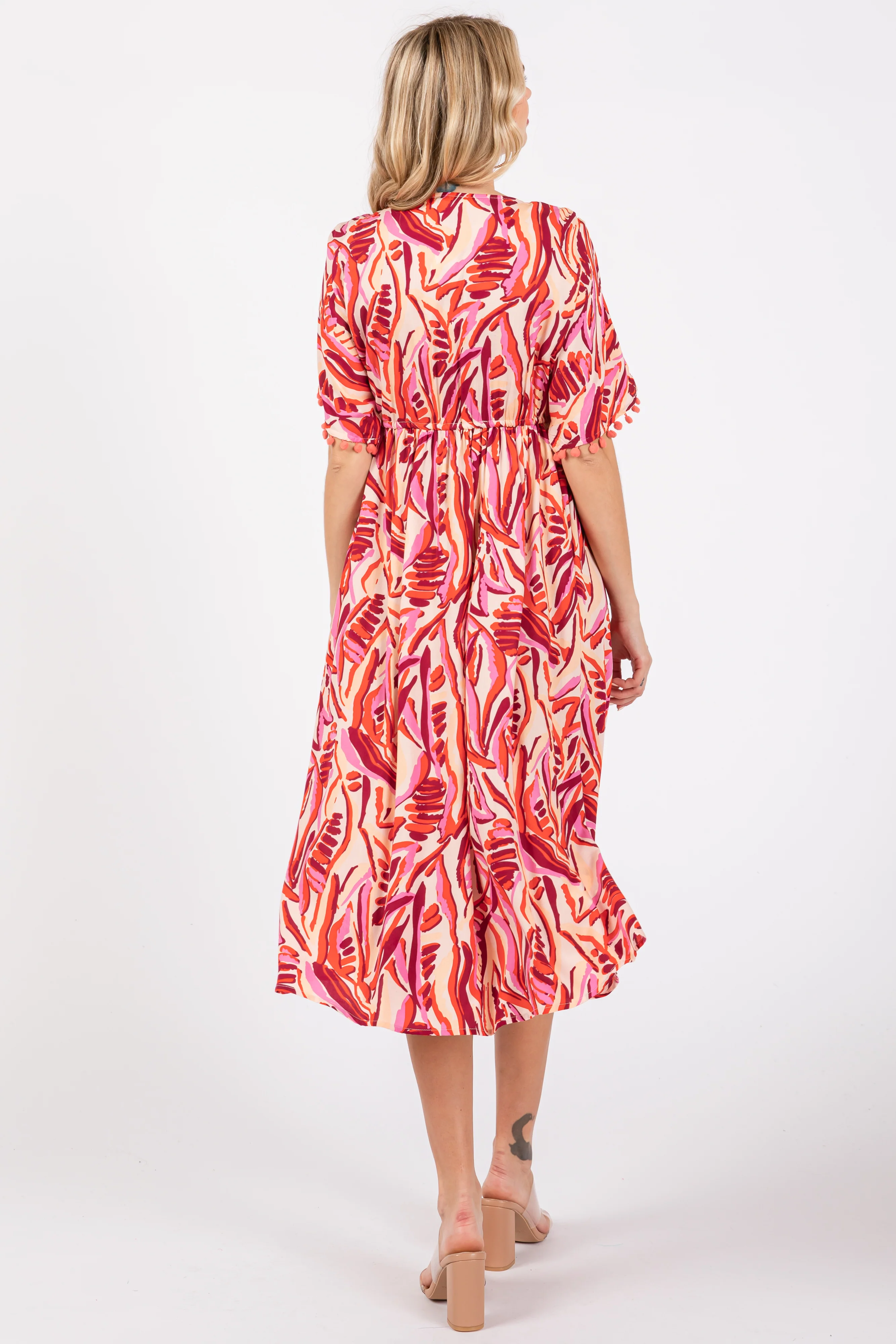 Orange Embroidered V-Neck Short Pom Sleeve Midi Dress - Image 3