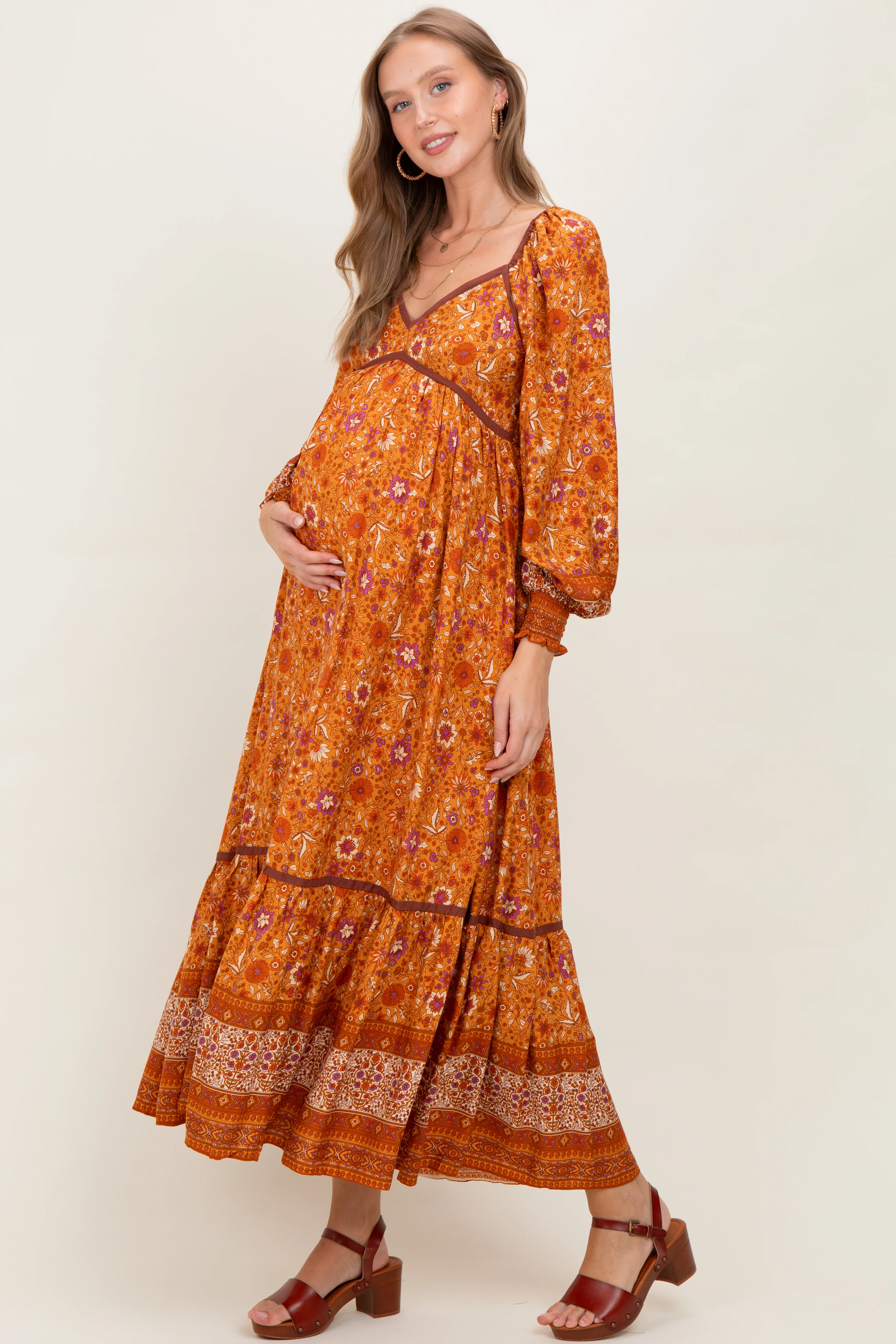 Orange Floral Border Print Long Sleeve Maternity Maxi Dress - Image 3