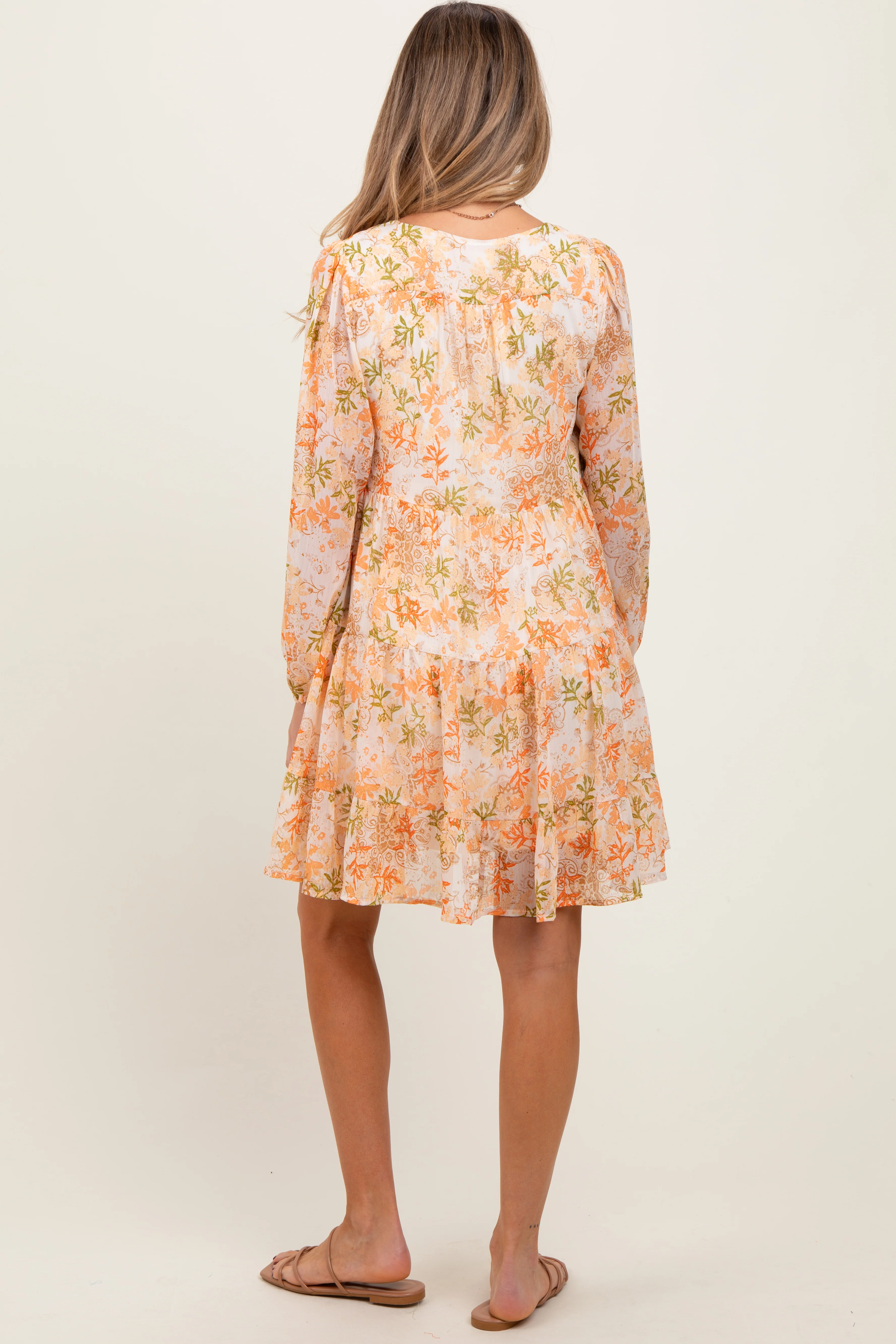 Orange Floral Chiffon Babydoll Long Sleeve Maternity Dress - Image 4