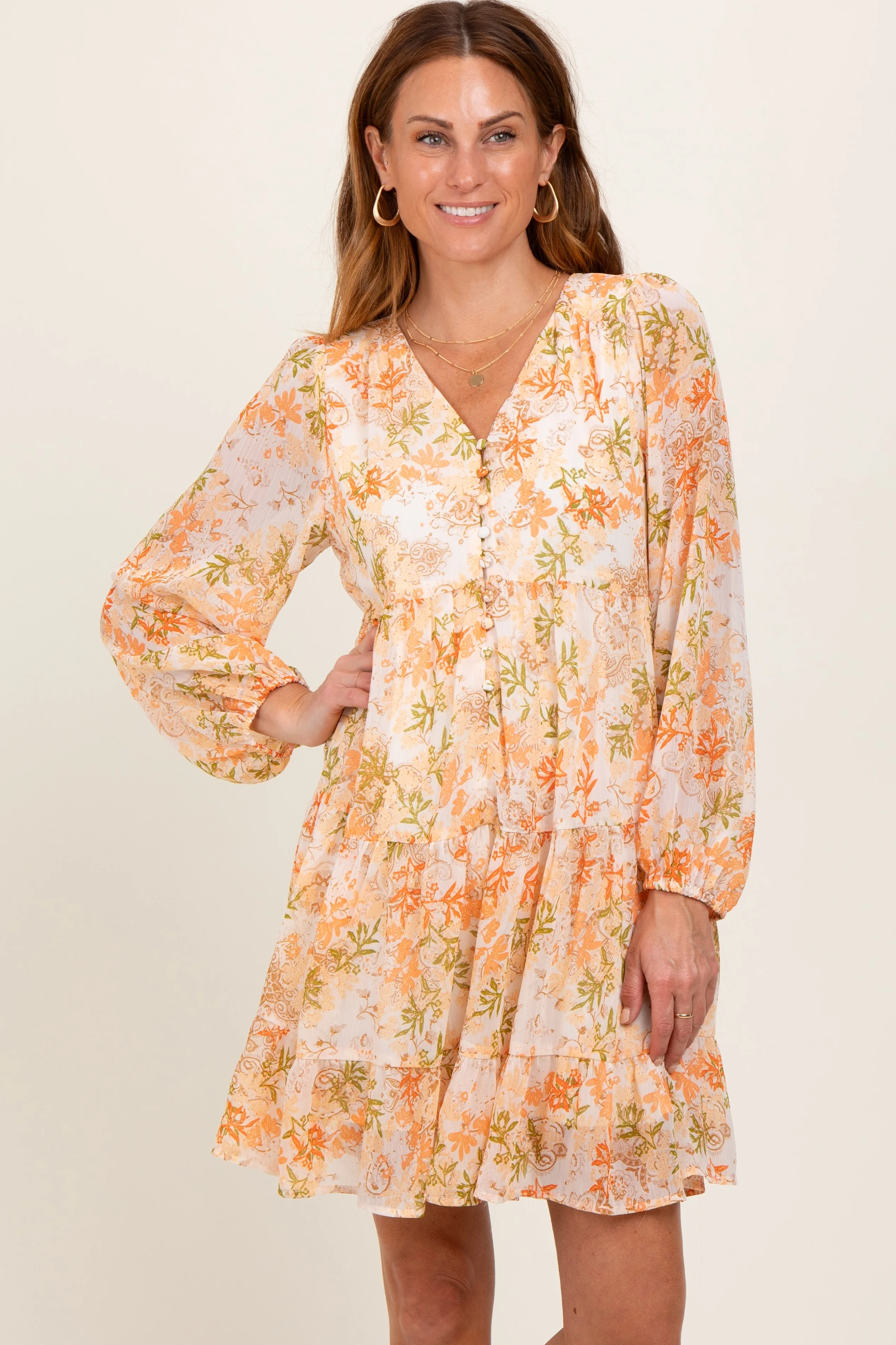 Orange Floral Chiffon Babydoll Long Sleeve Maternity Dress - Image 5