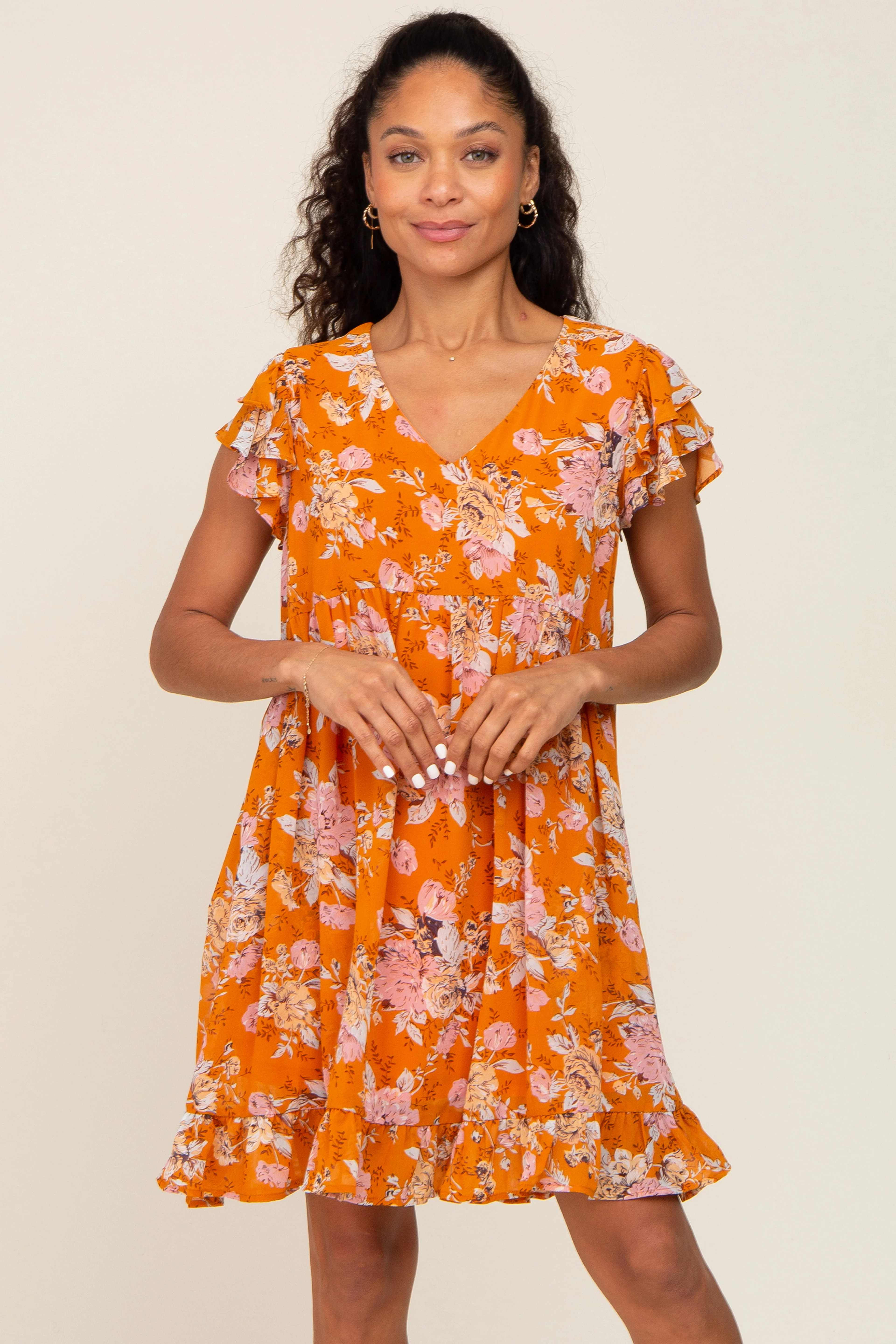 Orange Floral Flutter Sleeve Maternity Babydoll Dress - Image 5