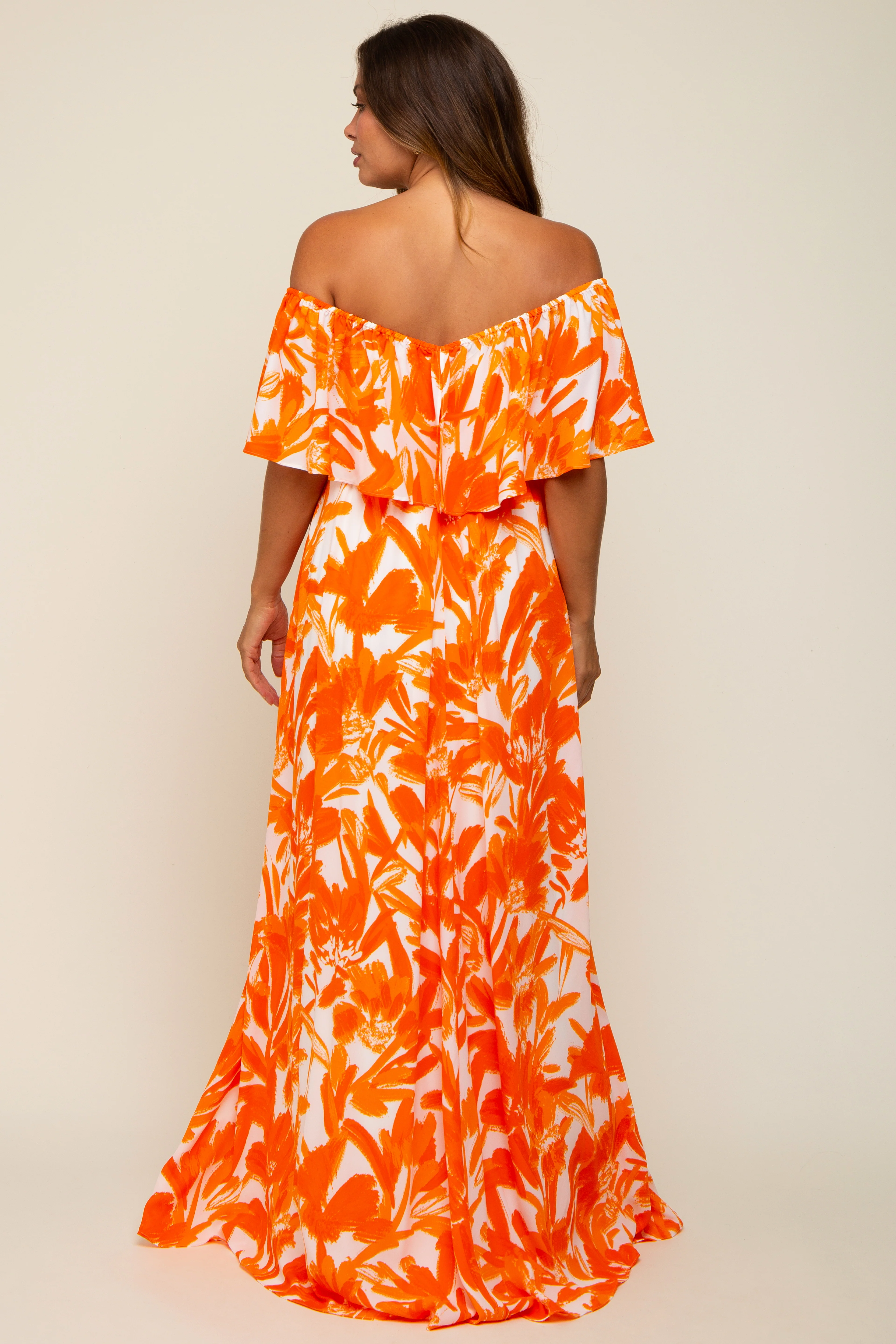 Orange Floral Off Shoulder Flounce Maternity Maxi Dress - Image 3