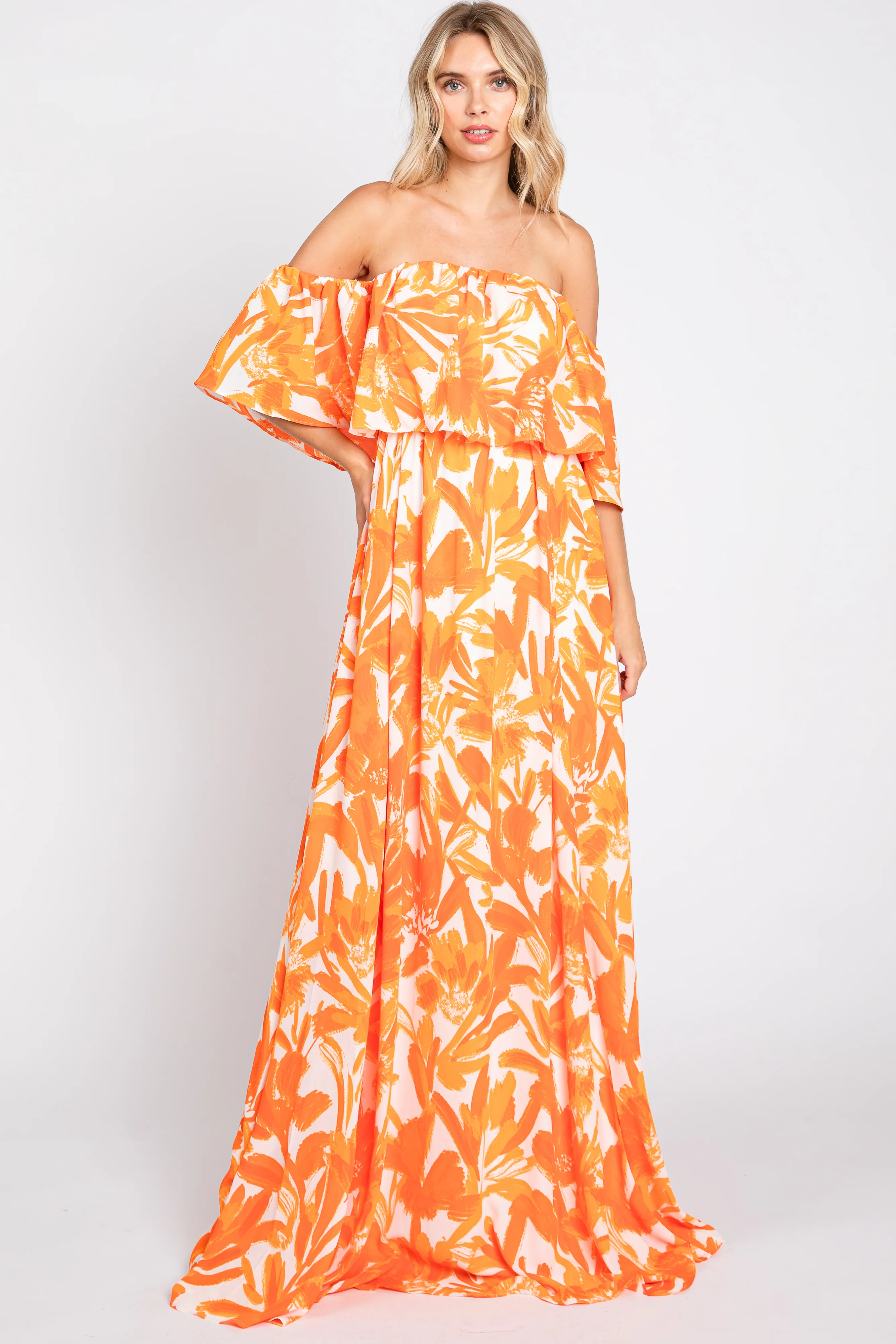Orange Floral Off Shoulder Flounce Maternity Maxi Dress - Image 6