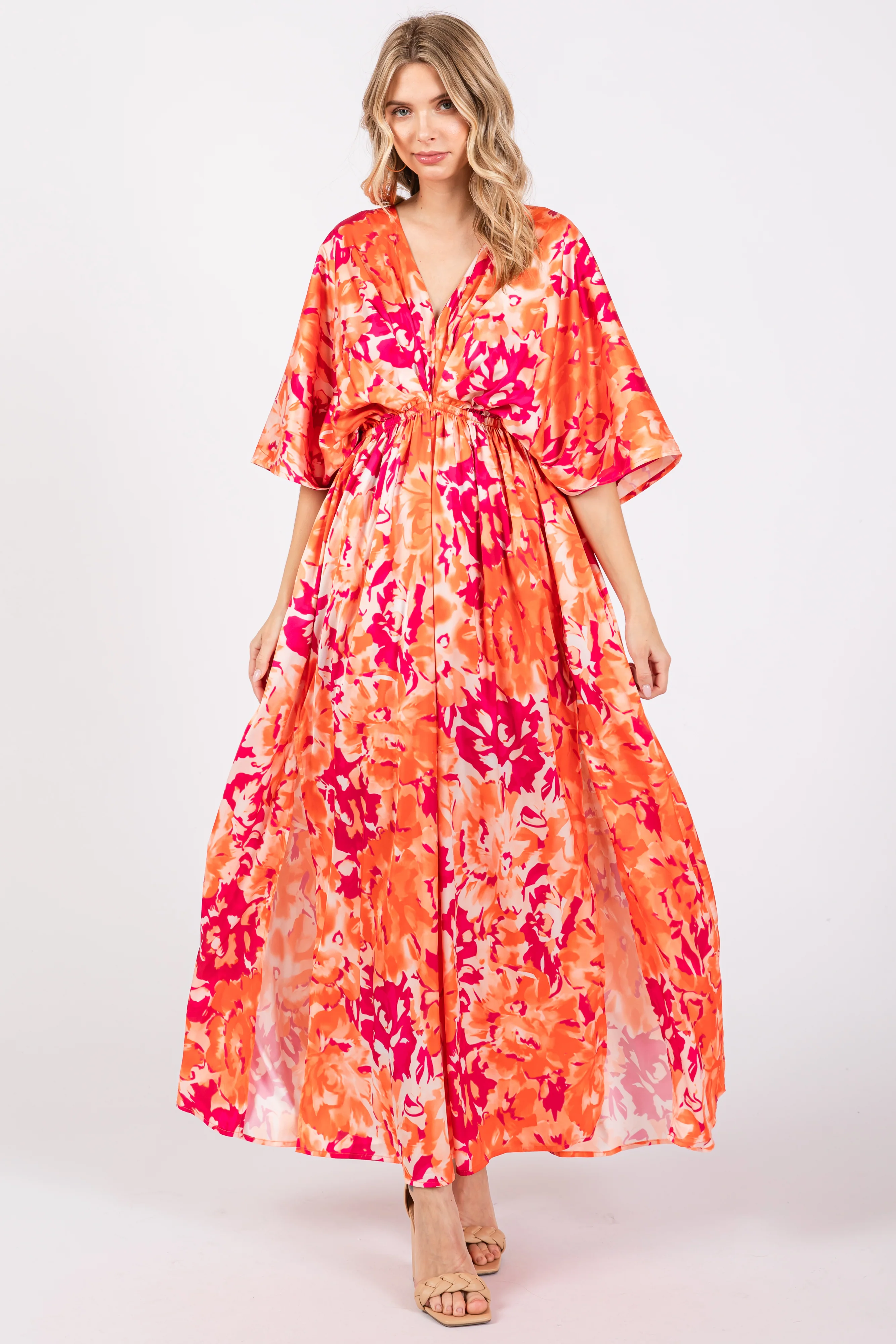 Orange Floral Satin V-Neck Maternity Maxi Dress - Image 4