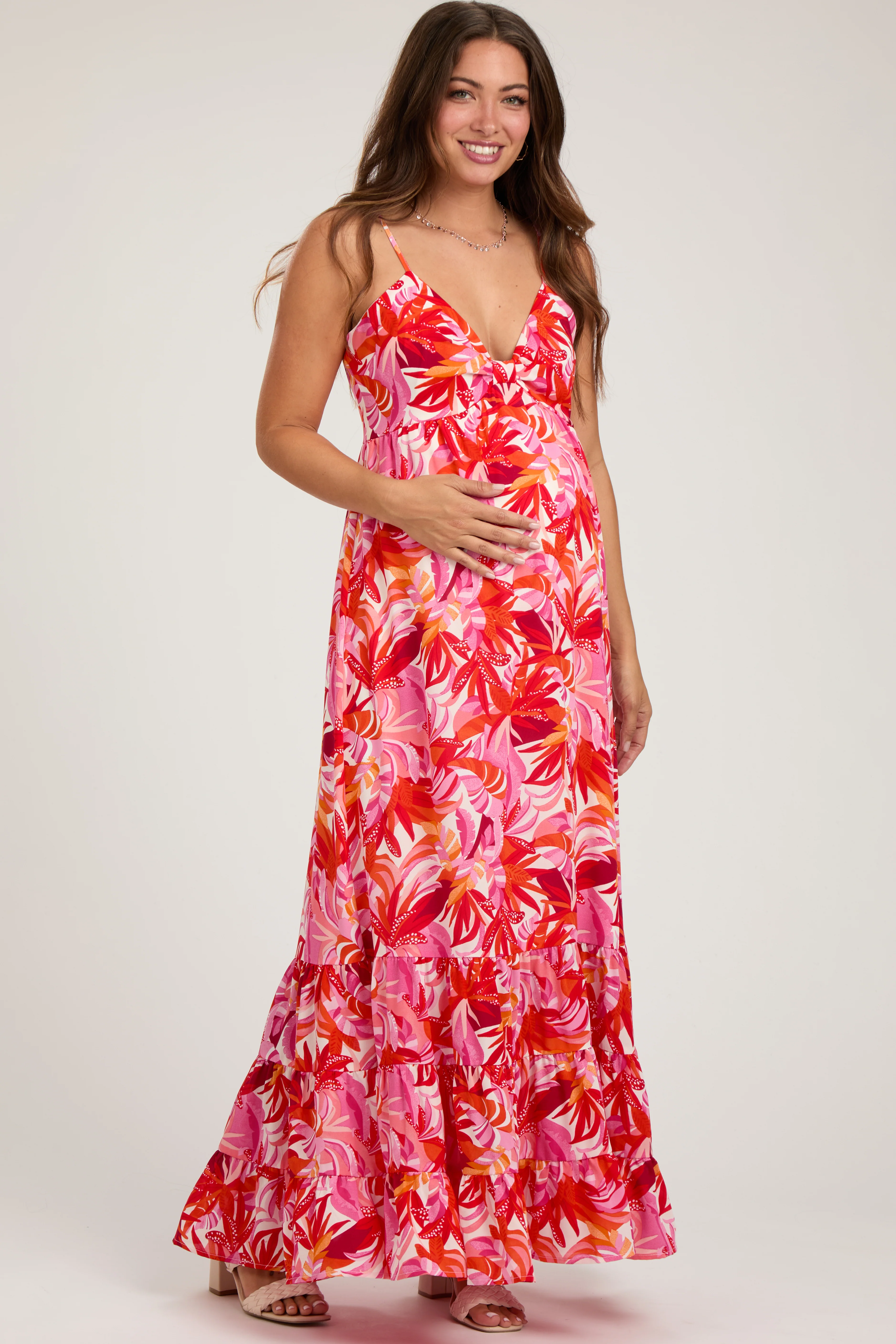 Orange Floral Sleeveless Ruffle Hem Maternity Maxi Dress