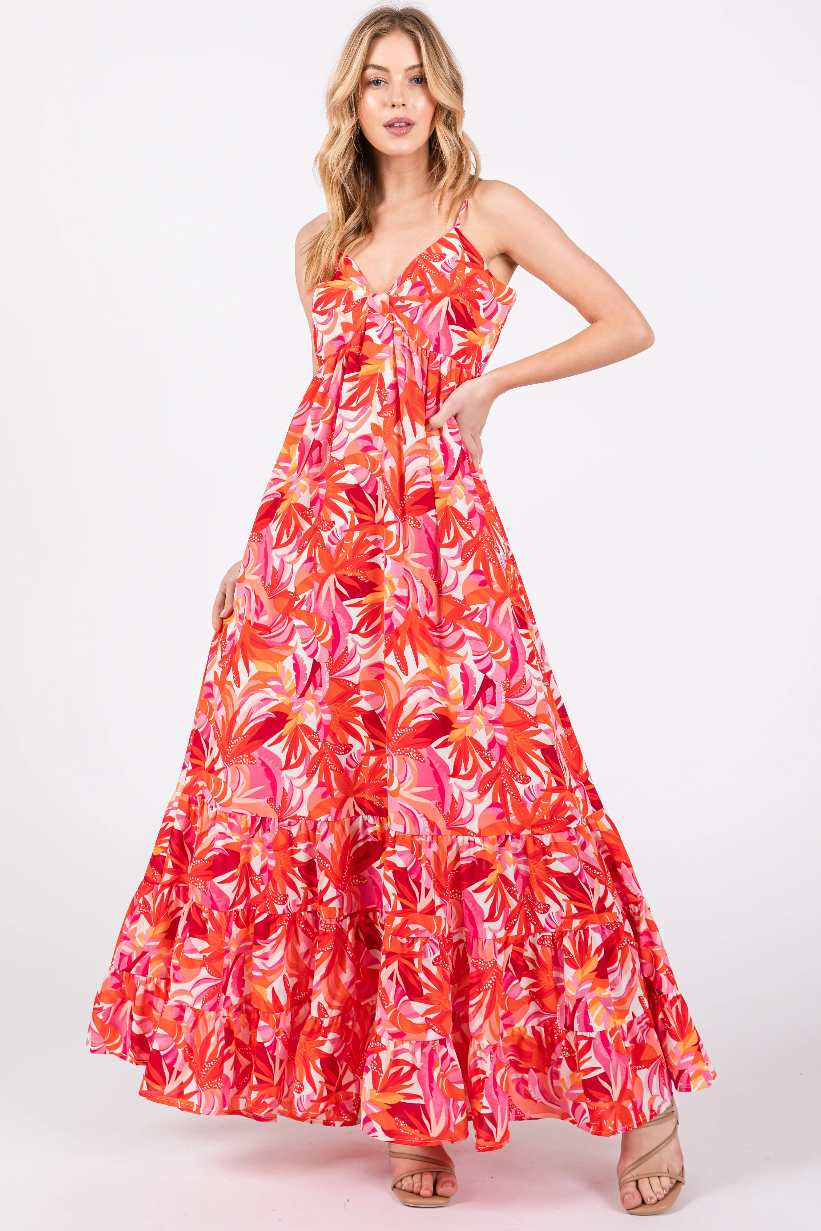 Orange Floral Sleeveless Ruffle Hem Maternity Maxi Dress - Image 4
