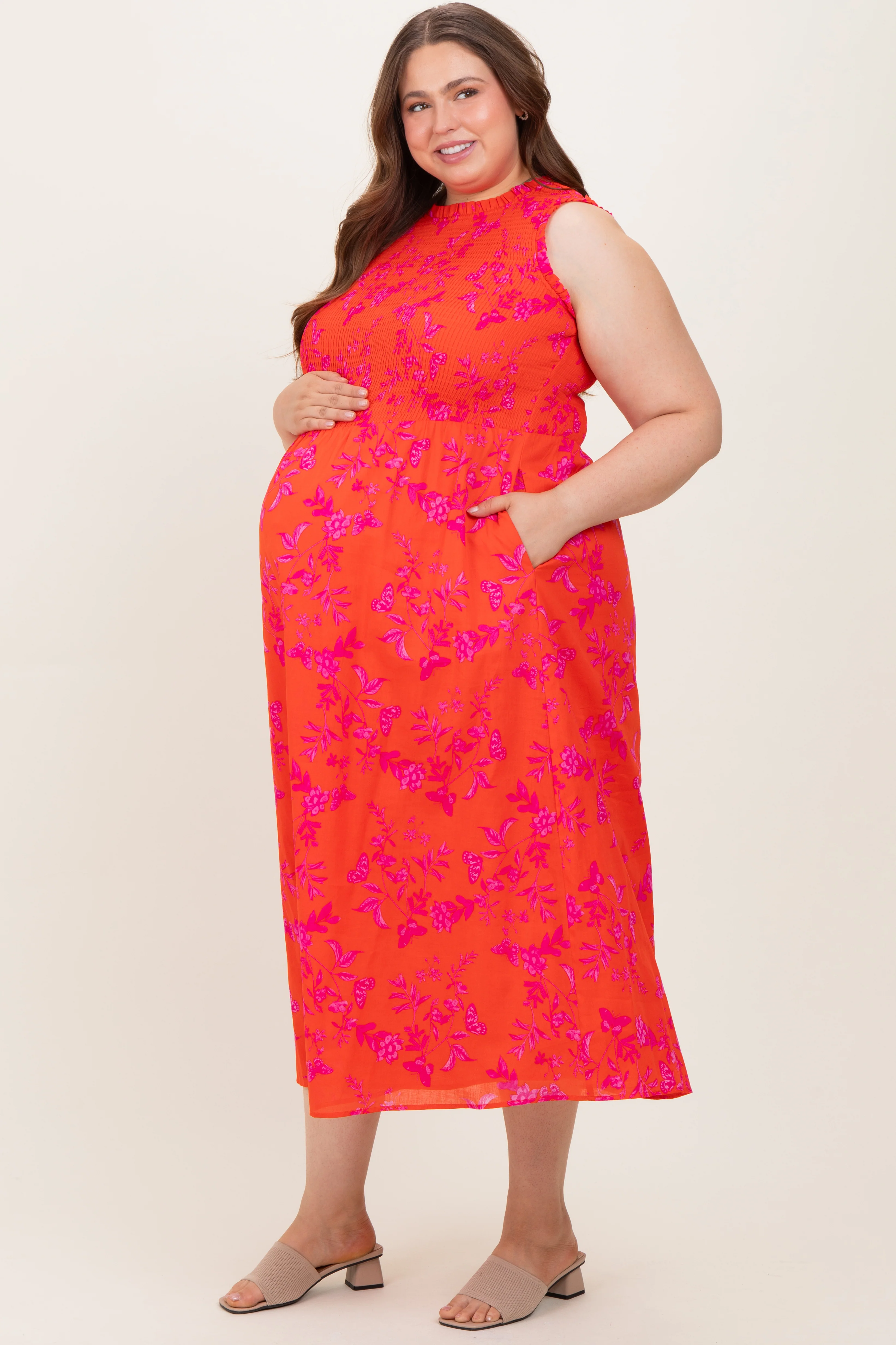 Orange Floral Smocked Sleeveless Maternity Midi Dress - Image 3