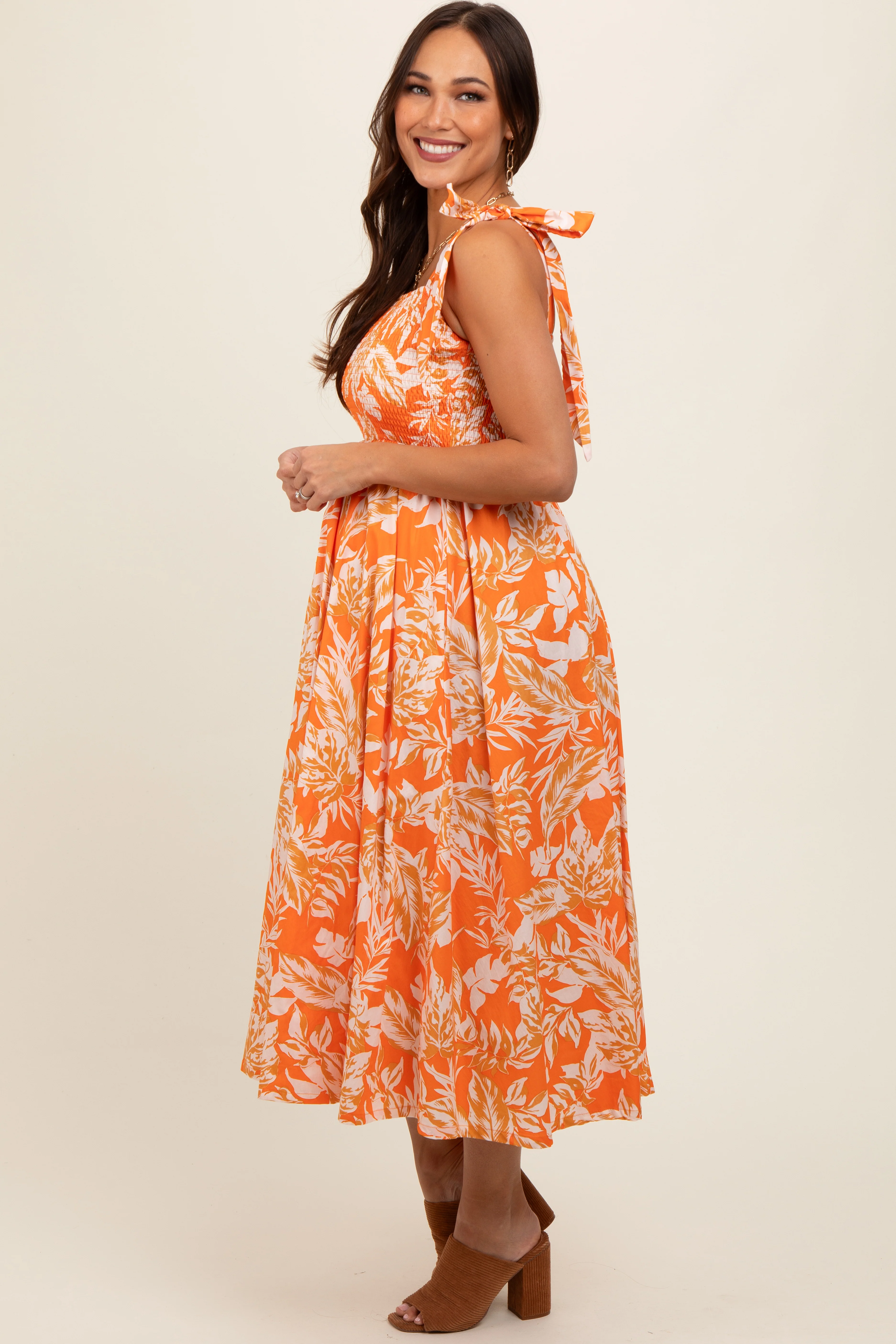 Orange Floral Smocked Tie Shoulder Maternity Midi Dress - Image 3
