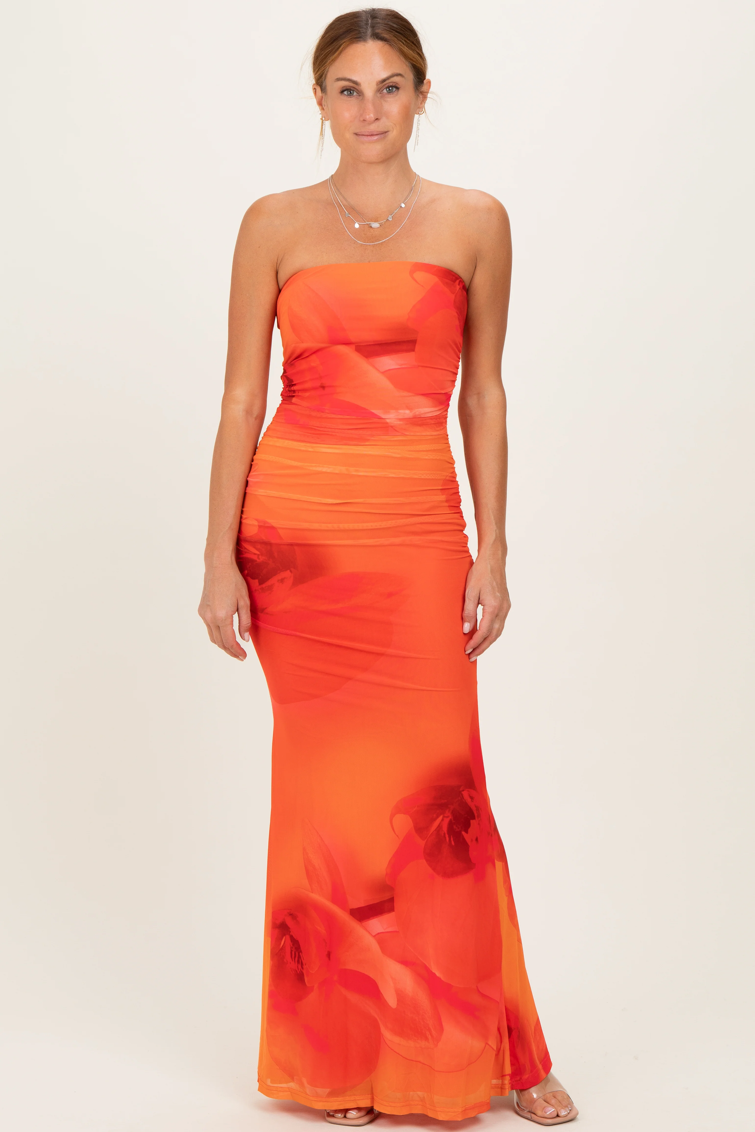 Orange Floral Strapless Cutout Back Maternity Maxi Dress - Image 5