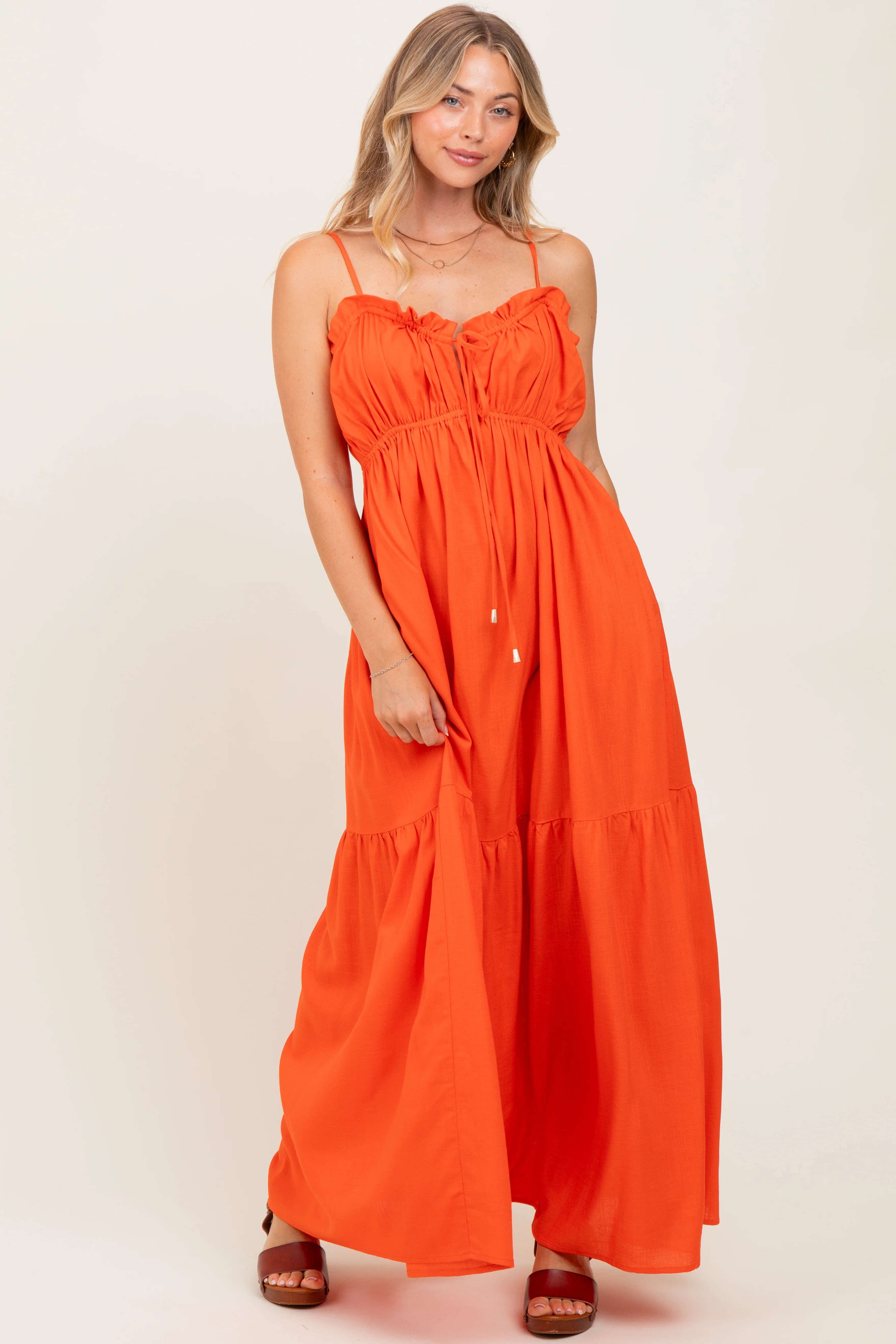 Orange Gathered Front Tie Maternity Maxi Dress - Image 4