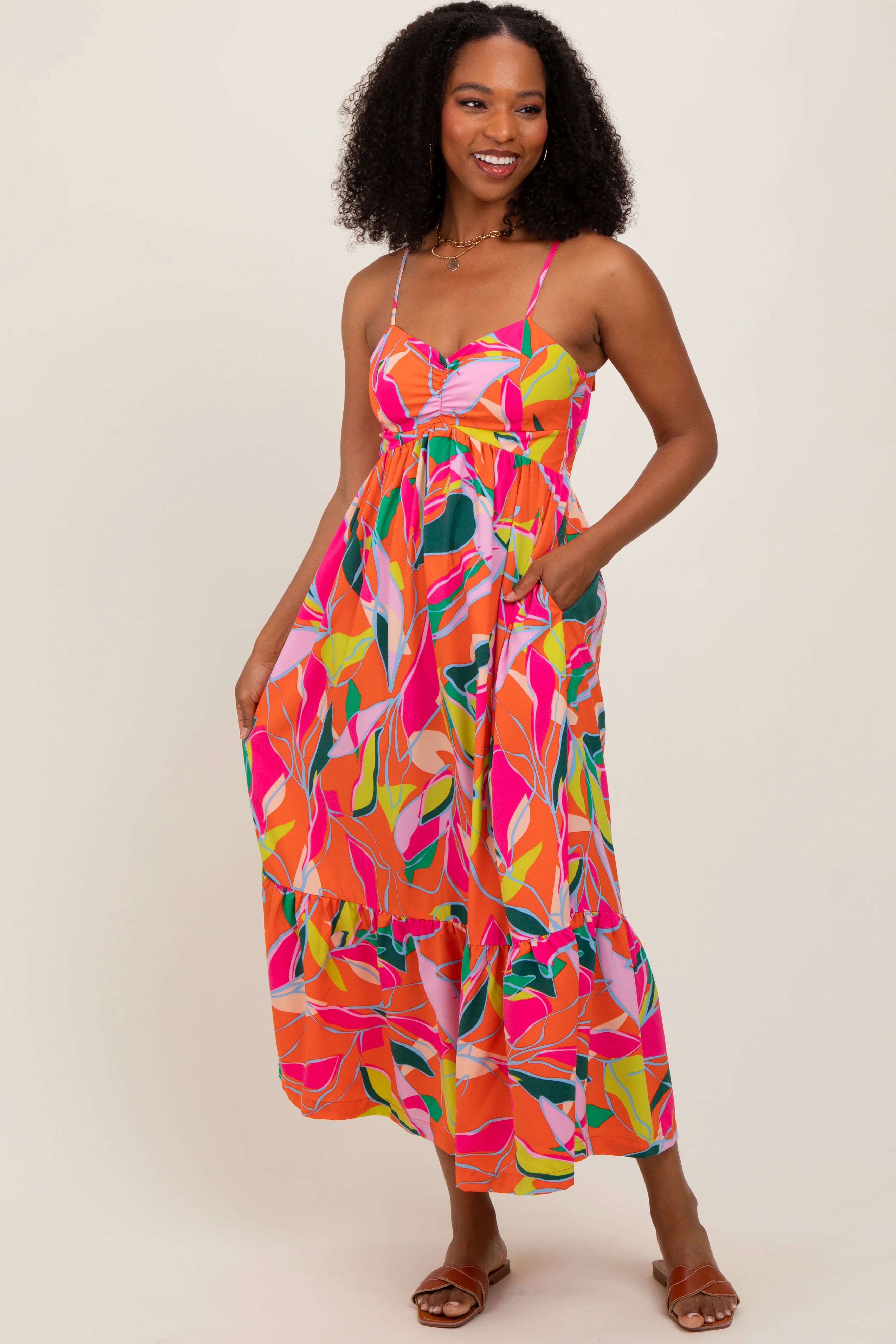 Orange Leaf Print Tie Back Maxi Dress