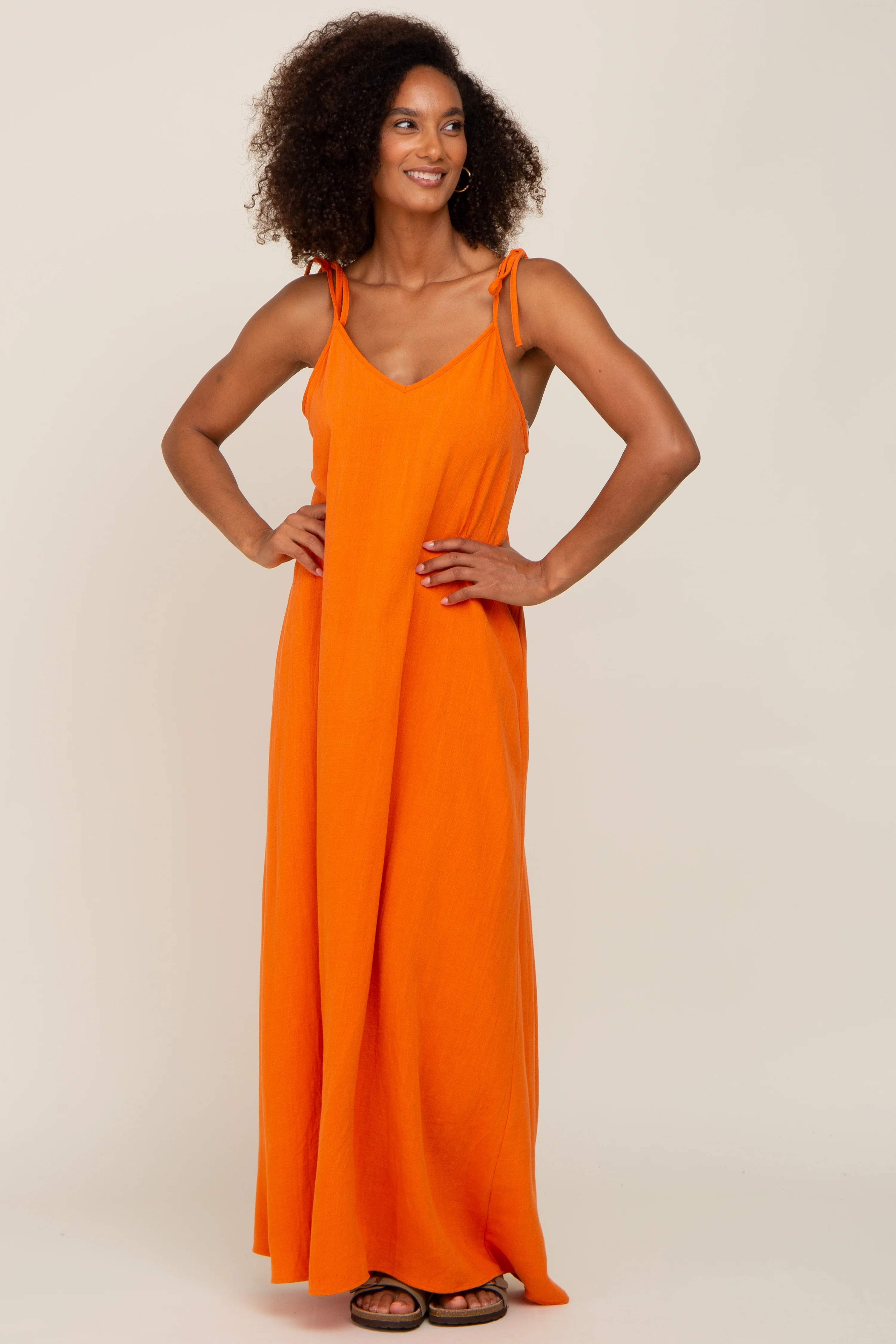 Orange Linen V-Neck Tie Strap Maxi Dress - Image 4