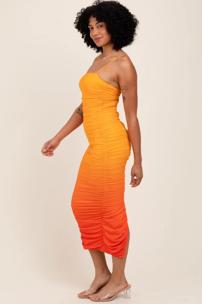 Orange Mesh Ombre Ruched Maternity Midi Dress - Image 5