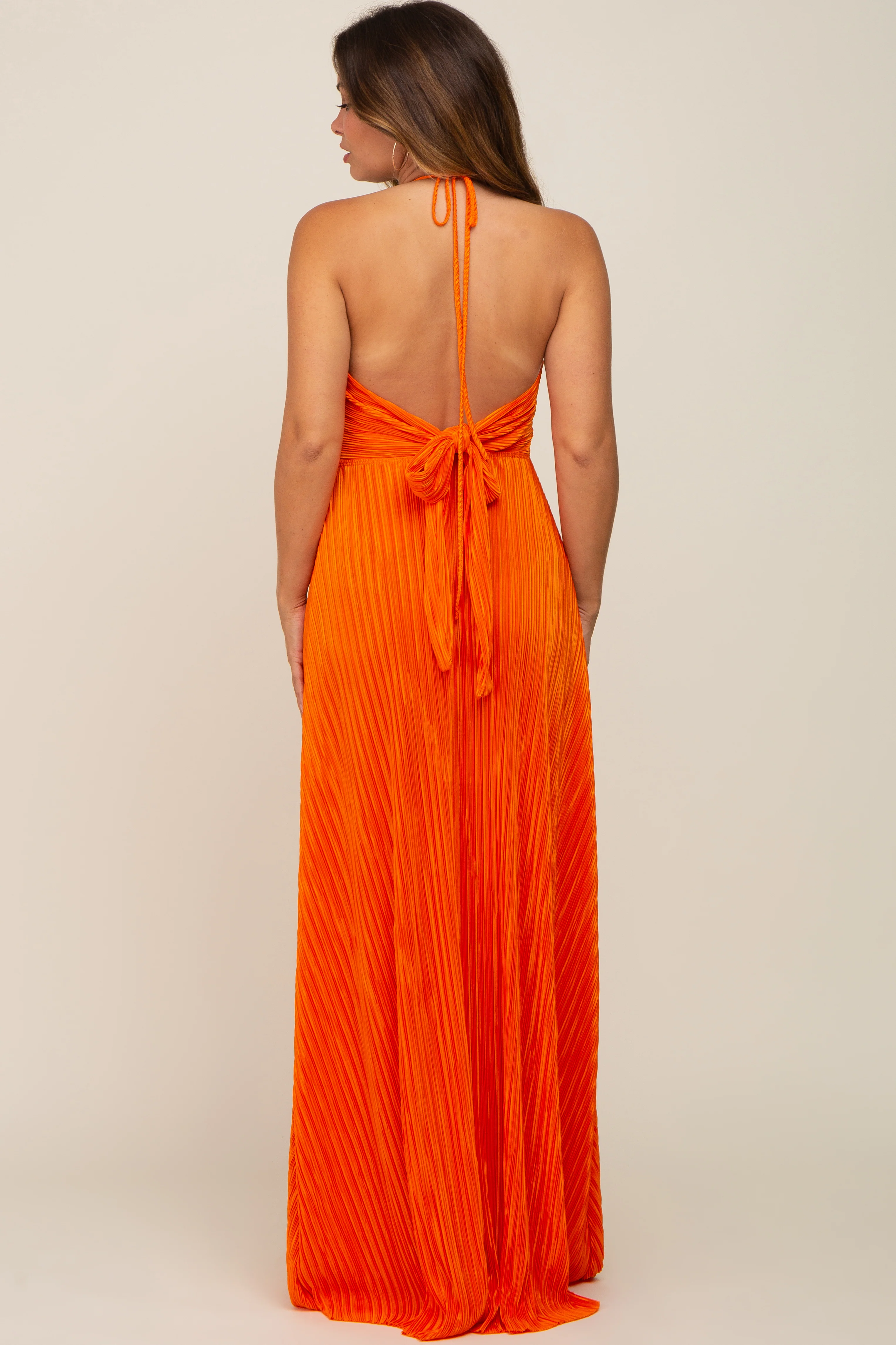 Orange Plisse Halter Back Tie Maternity Maxi Dress - Image 3