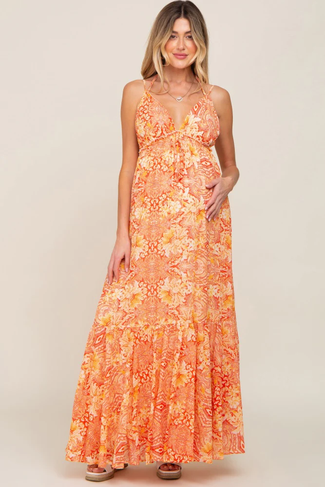 Orange Printed Halter Maternity Dress - Image 2
