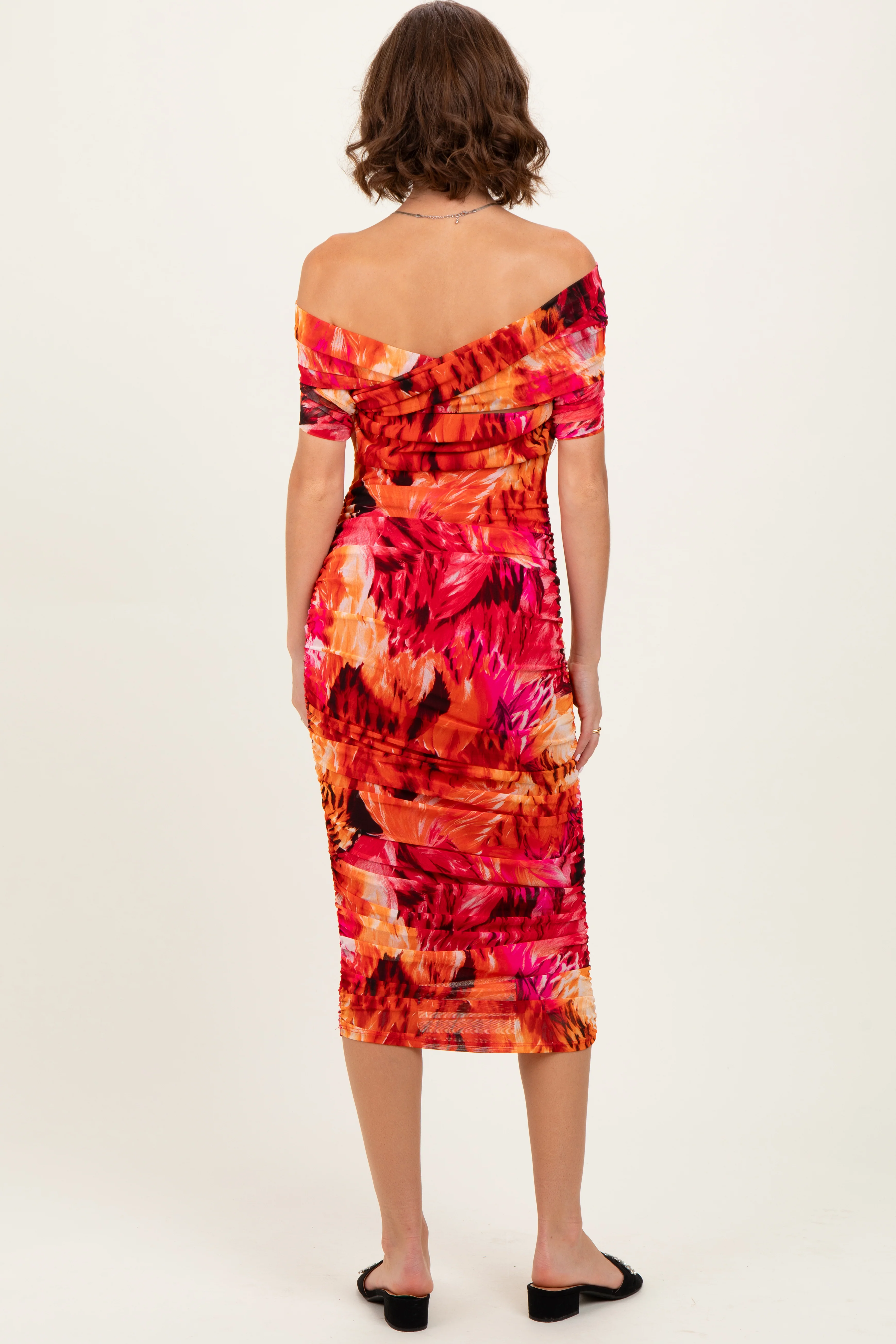 Orange Printed Off Shoulder Ruched Midi Dress - Image 3