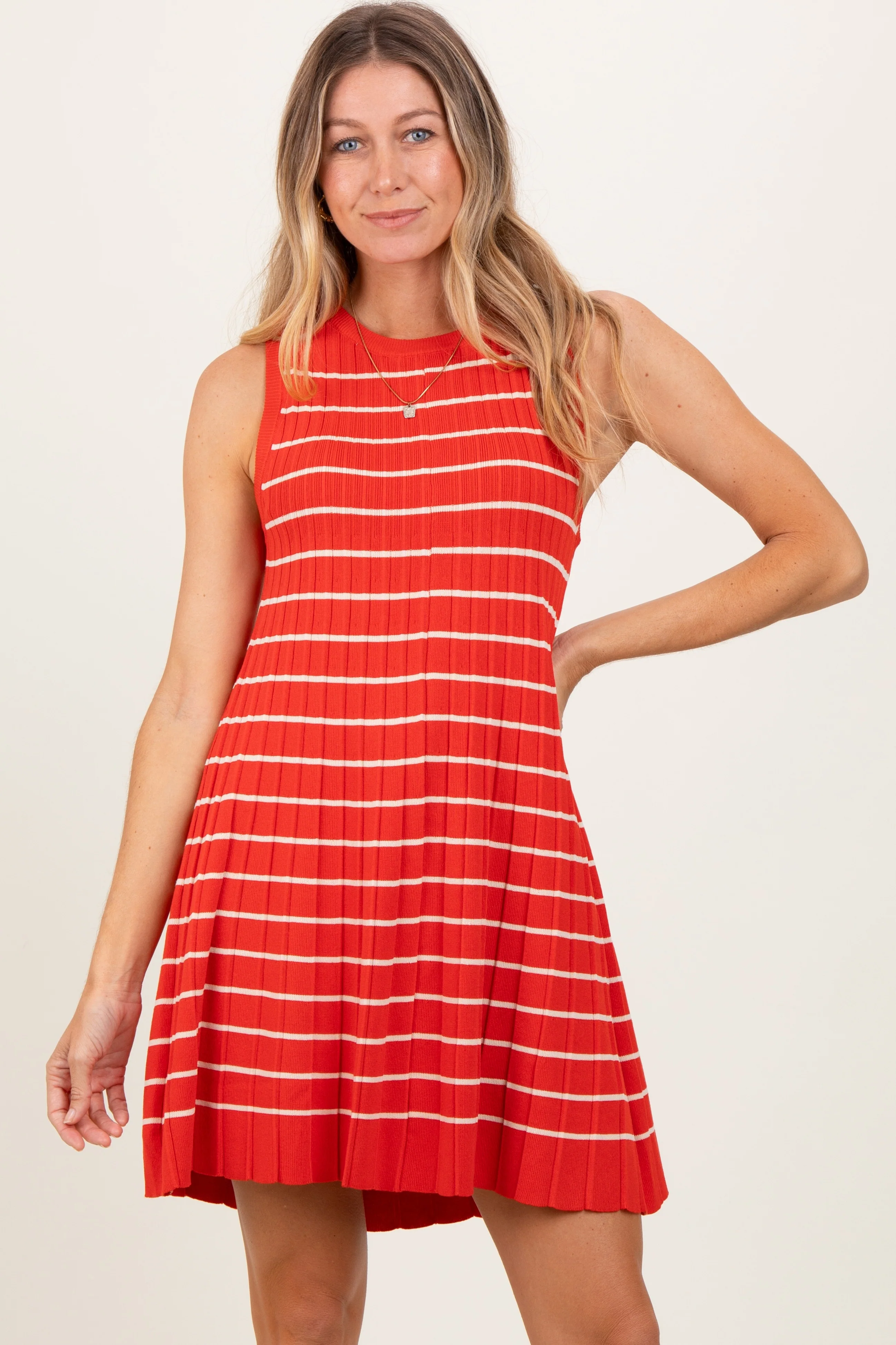 Orange Ribbed Pleated Knit Sleeveless Mini Dress - Image 2