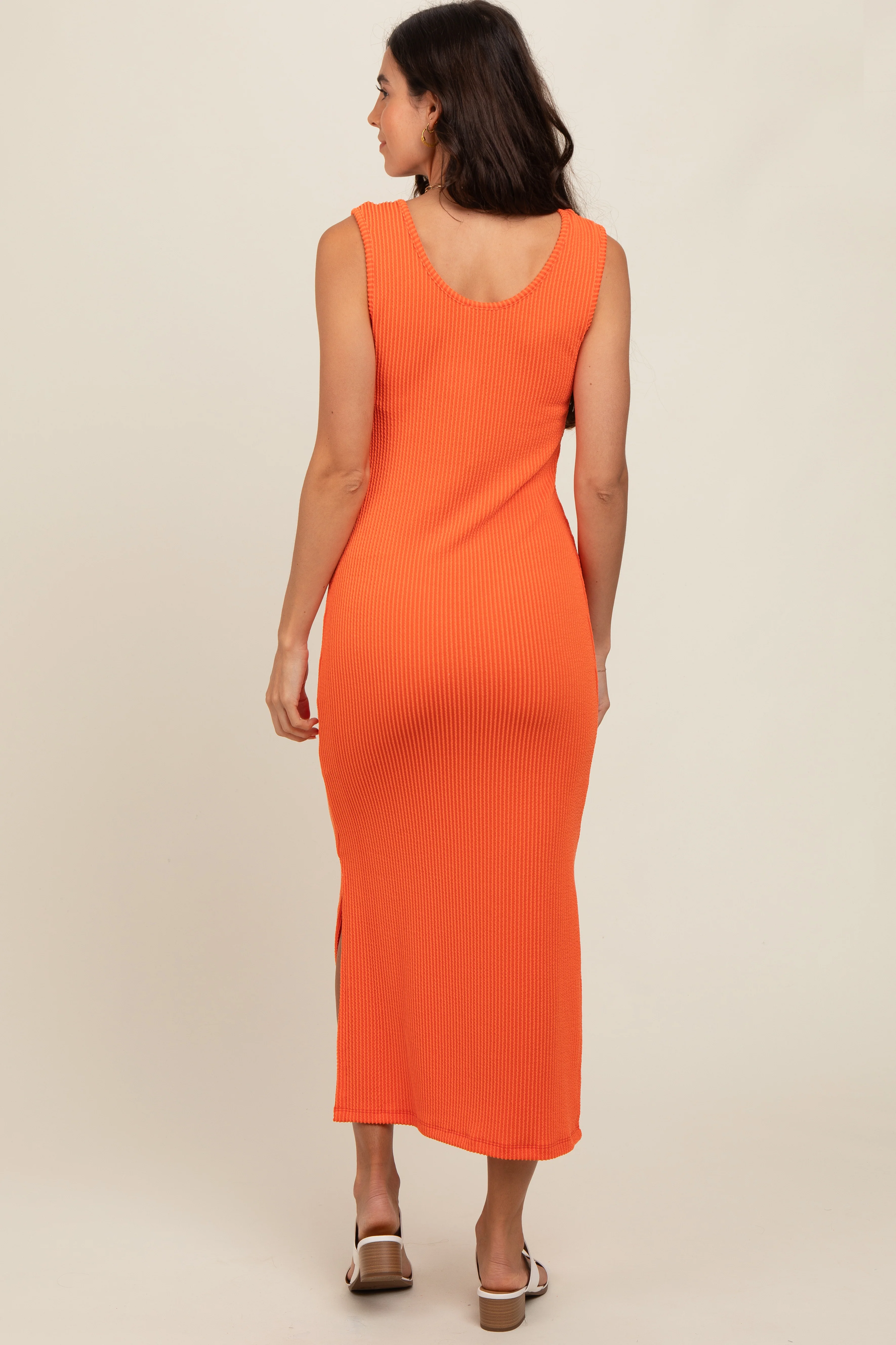 Orange Ribbed Side Slit Maxi Dress - Image 3