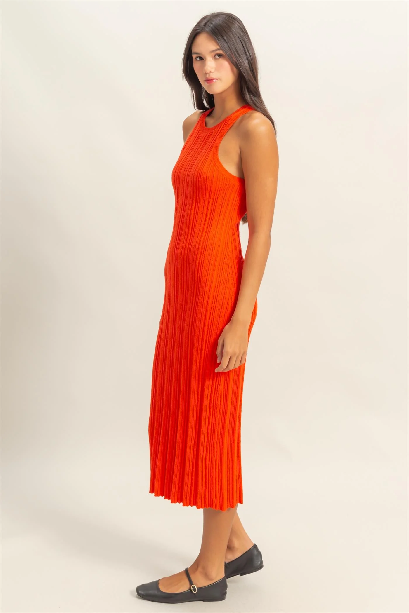 Orange Round Neck Bodycon Ribbed Knit Midi Dress - Image 3