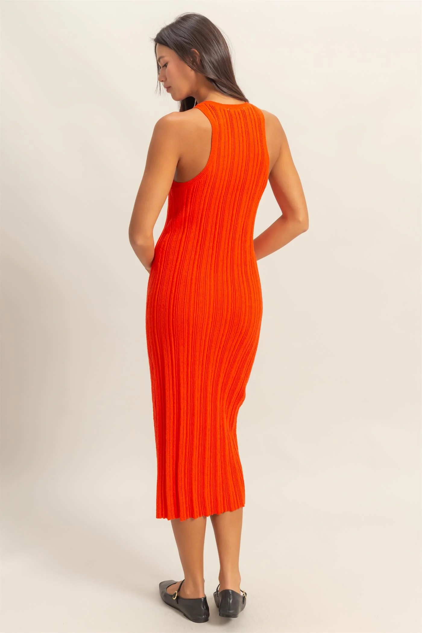 Orange Round Neck Bodycon Ribbed Knit Midi Dress - Image 4