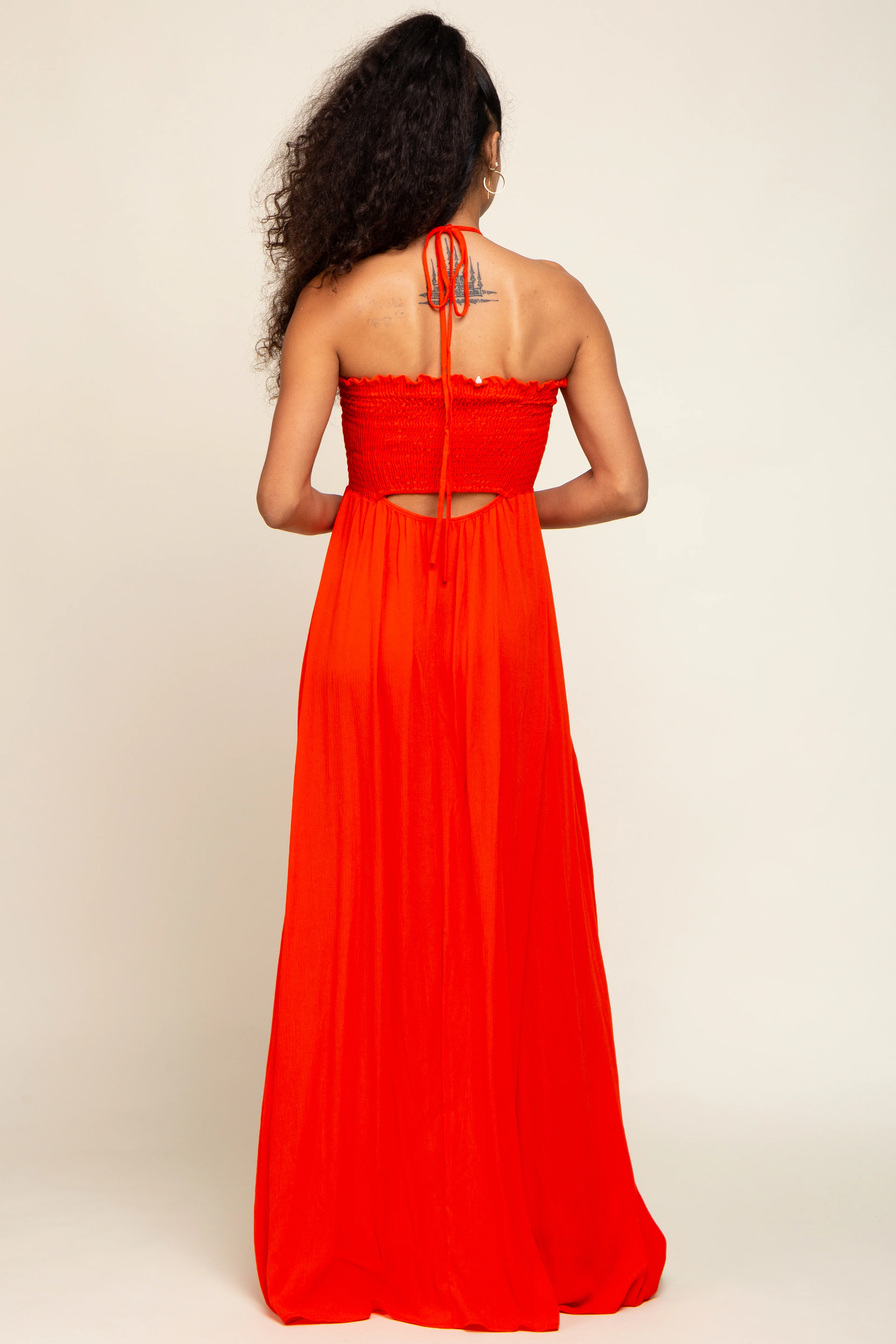 Orange Smocked Halter Maxi Dress - Image 3