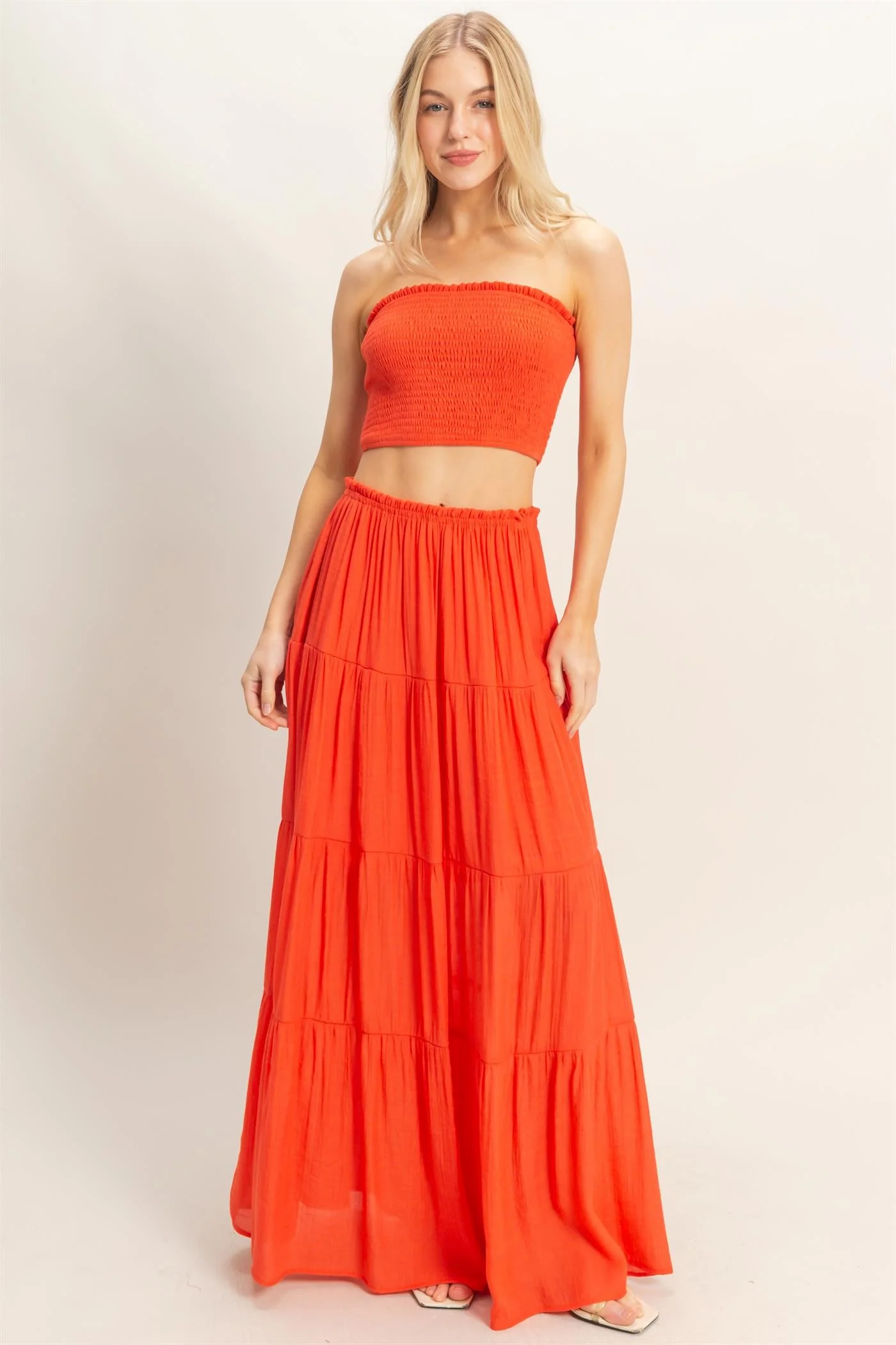Orange Smocked Tube Top Tiered Skirt Maternity Set - Image 4