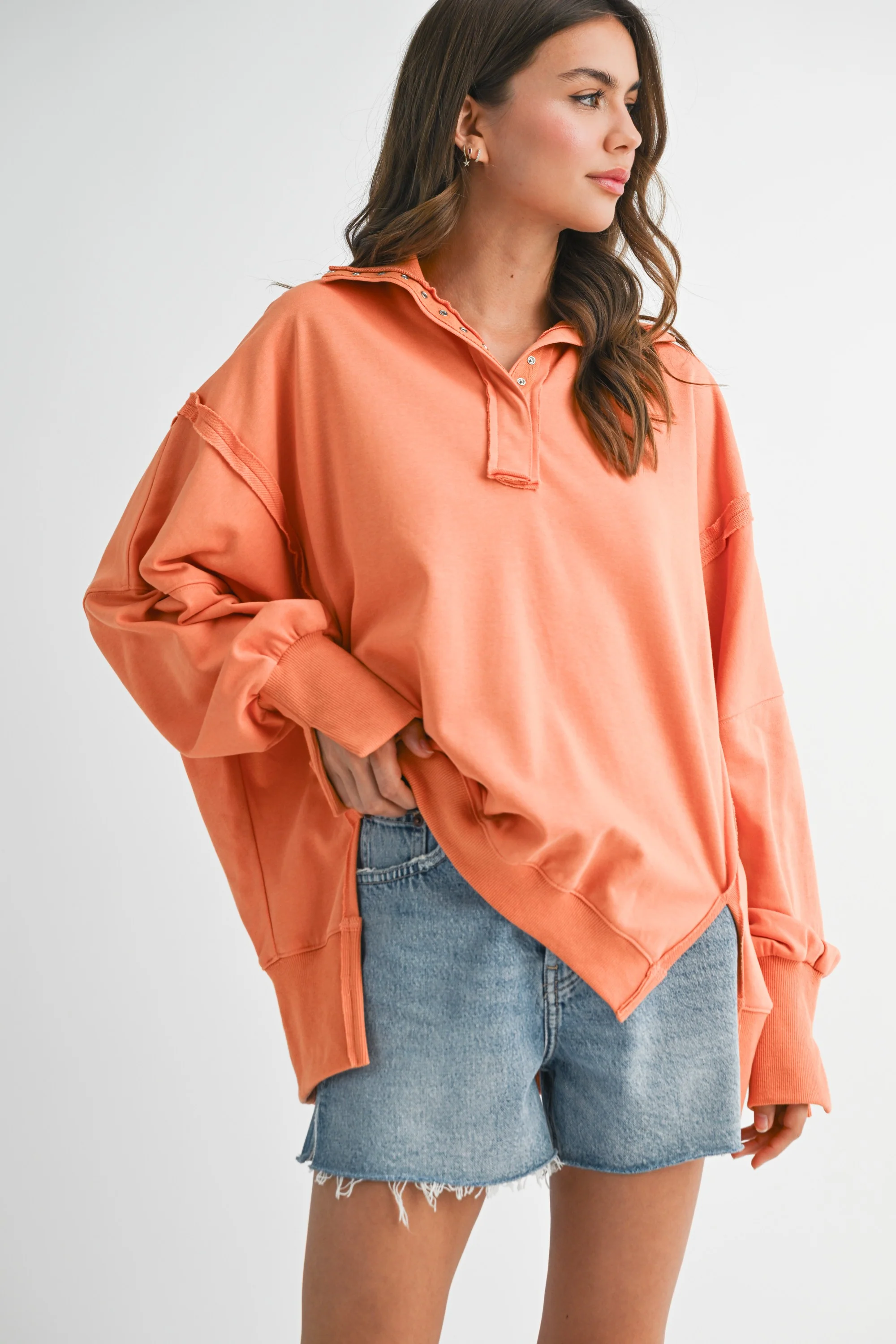 Orange Snap Button Pullover Henley Sweatshirt - Image 3