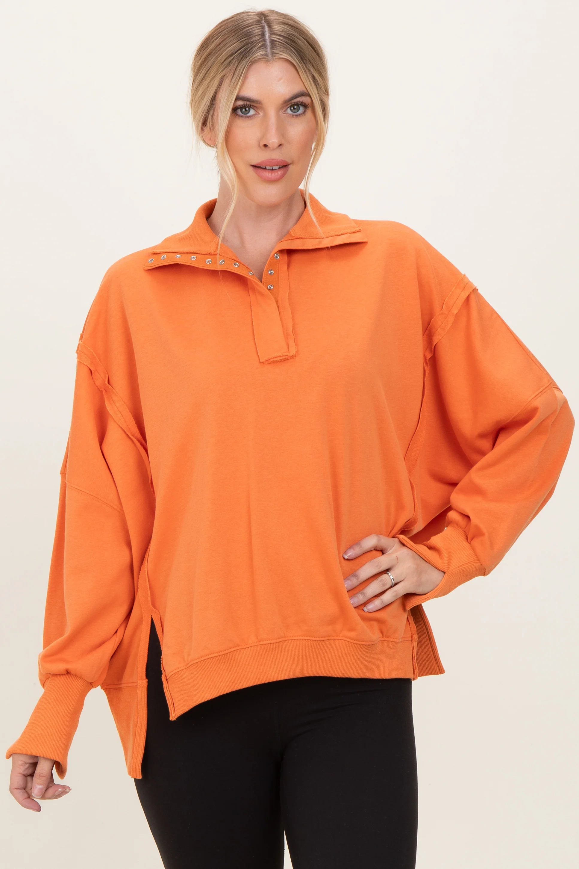 Orange Snap Button Pullover Henley Sweatshirt - Image 5