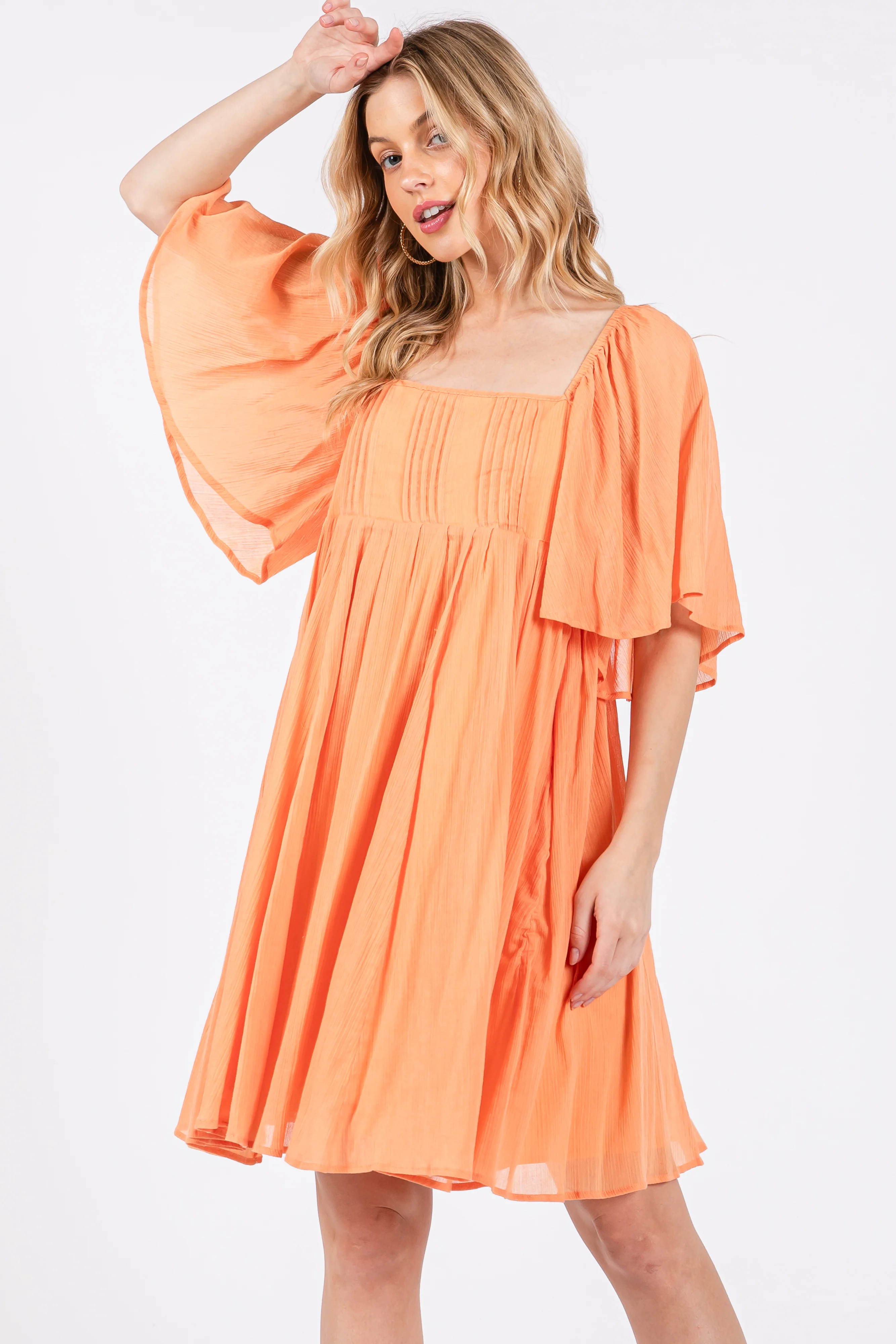 Orange Square Neck Pleated Flutter Short Sleeve Maternity Dress - Image 5