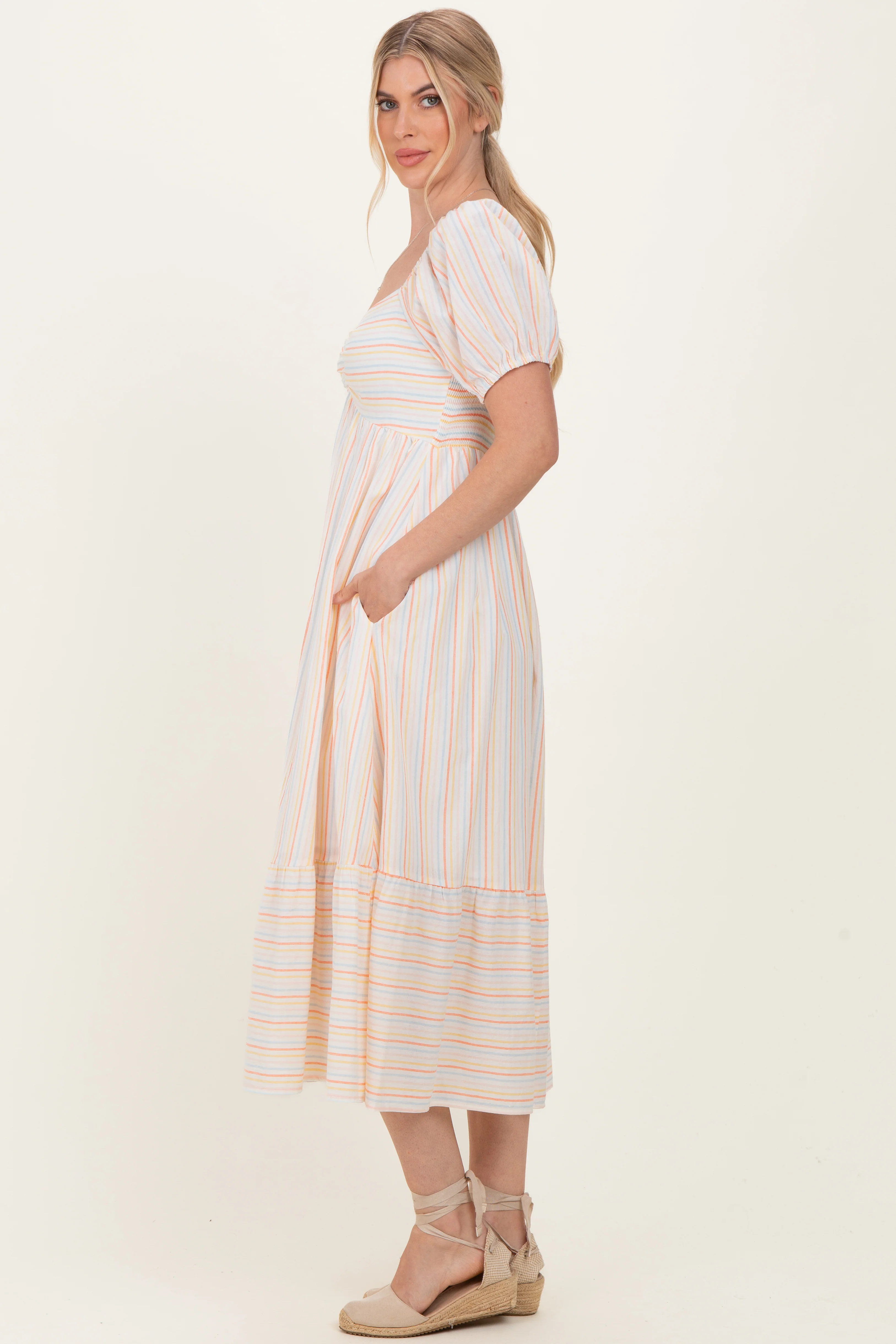 Orange Stripe Sweetheart Neckline Midi Dress - Image 7