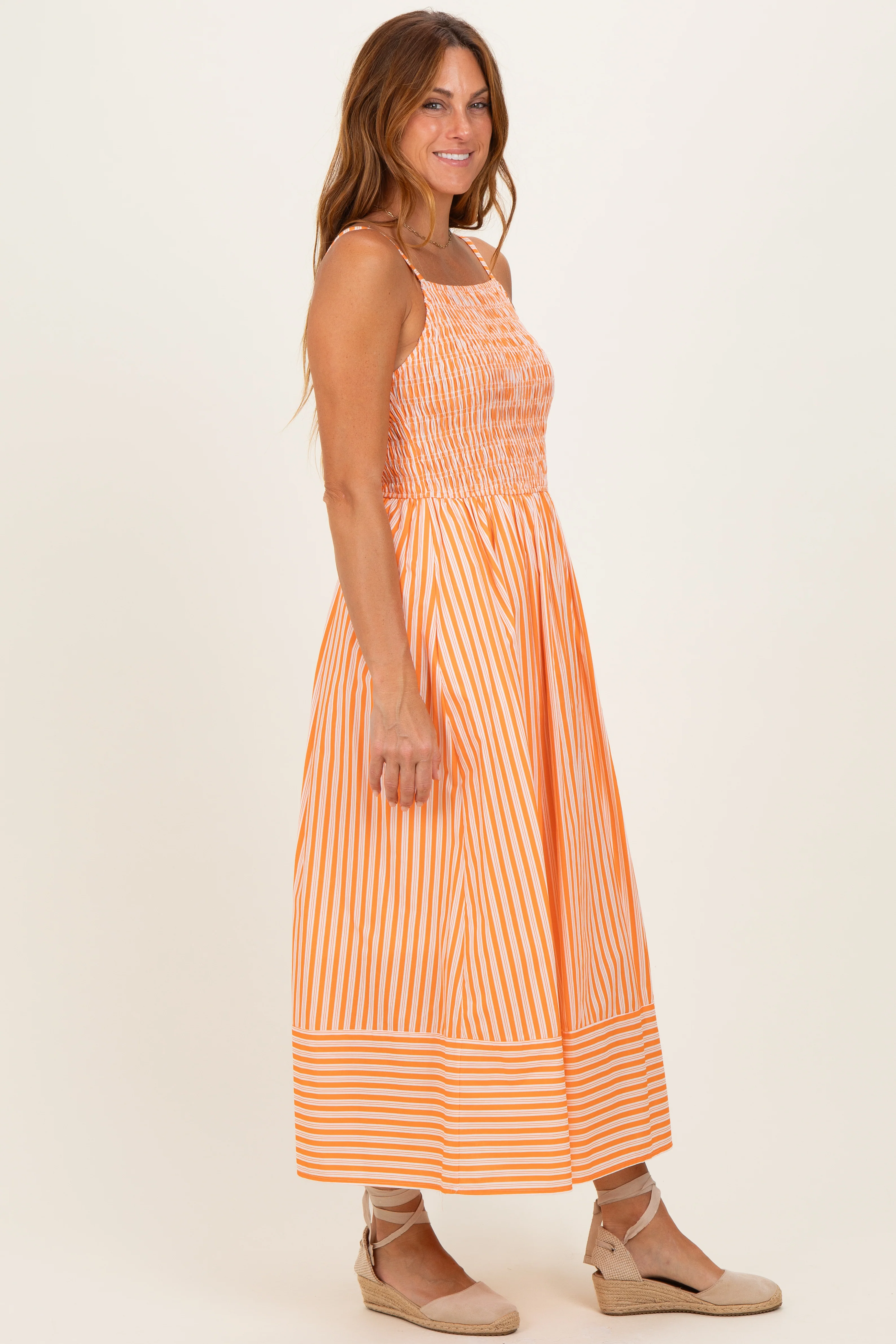 Orange Striped Smocked Midi Dress - Image 2
