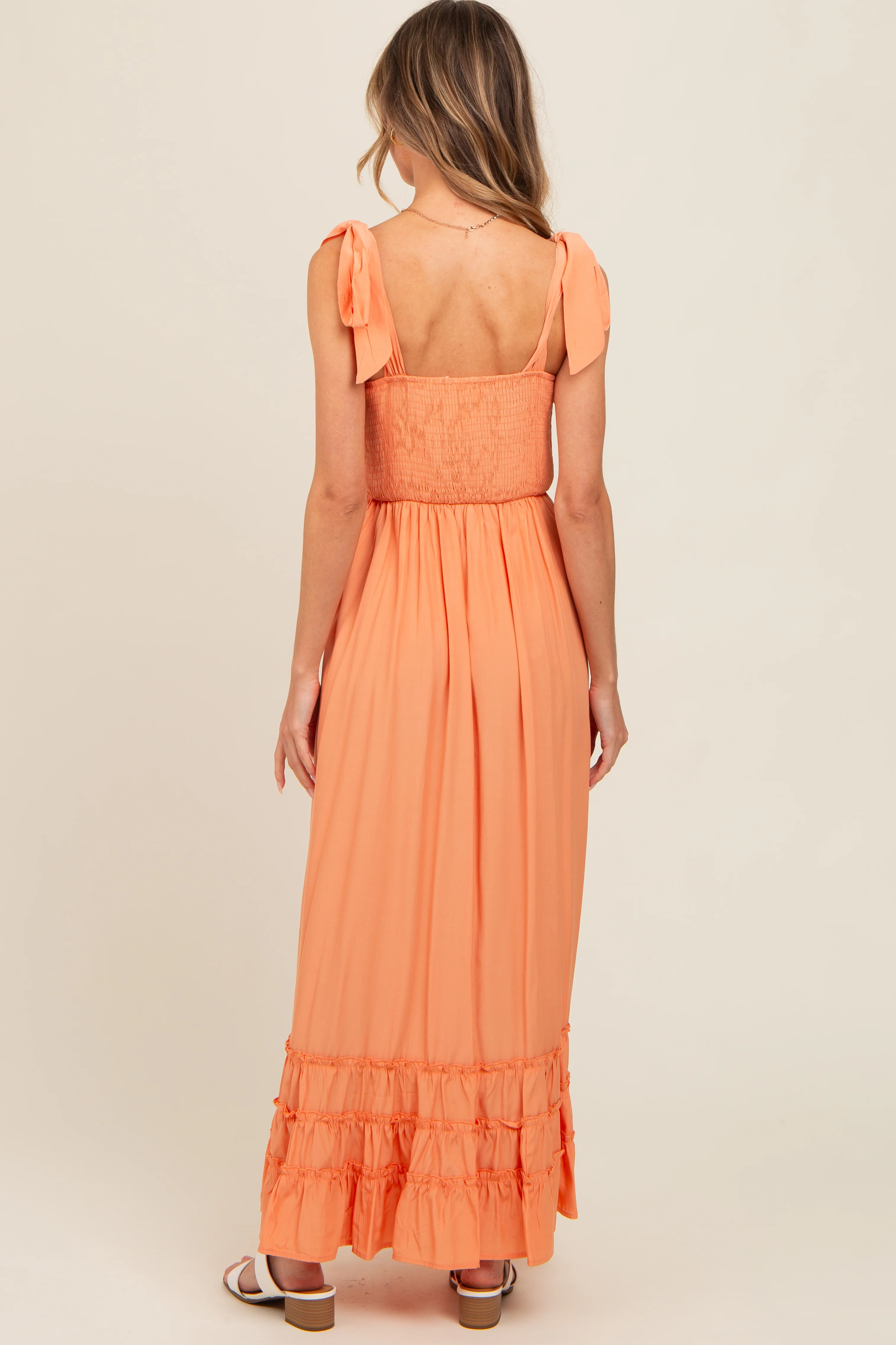 Orange Sweetheart Neck Smocked Shoulder Tie Maxi Dress - Image 2