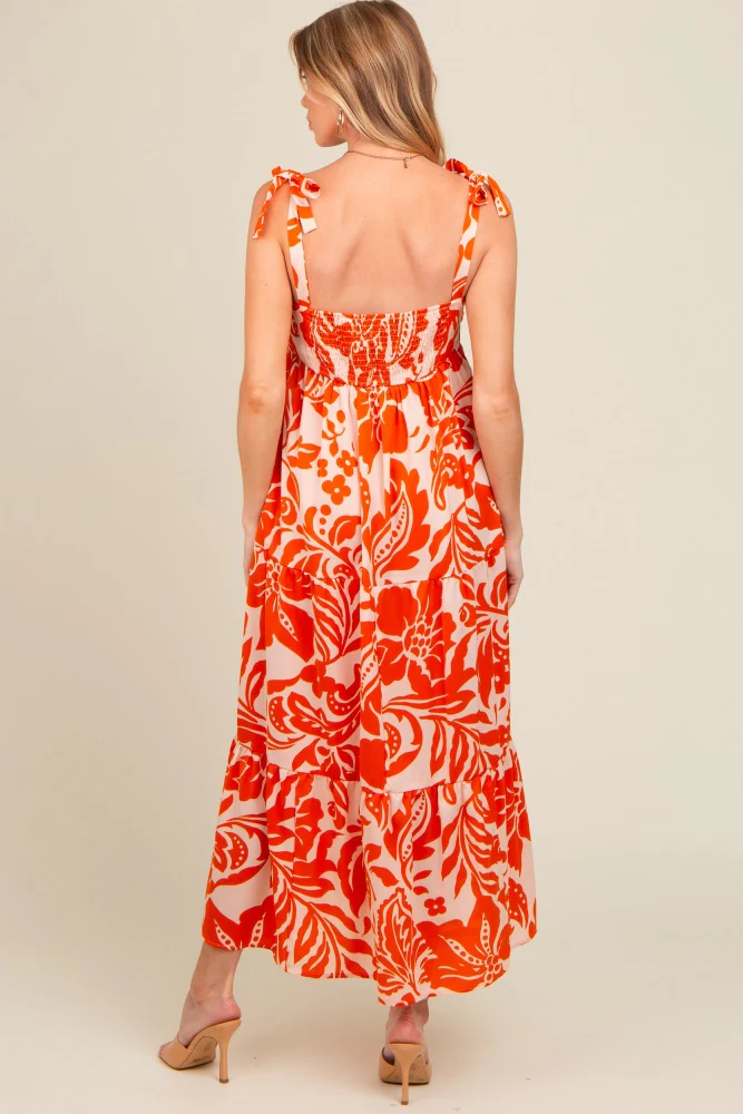 Orange Tropical Floral Shoulder Tie Tiered Maternity Midi Dress - Image 3