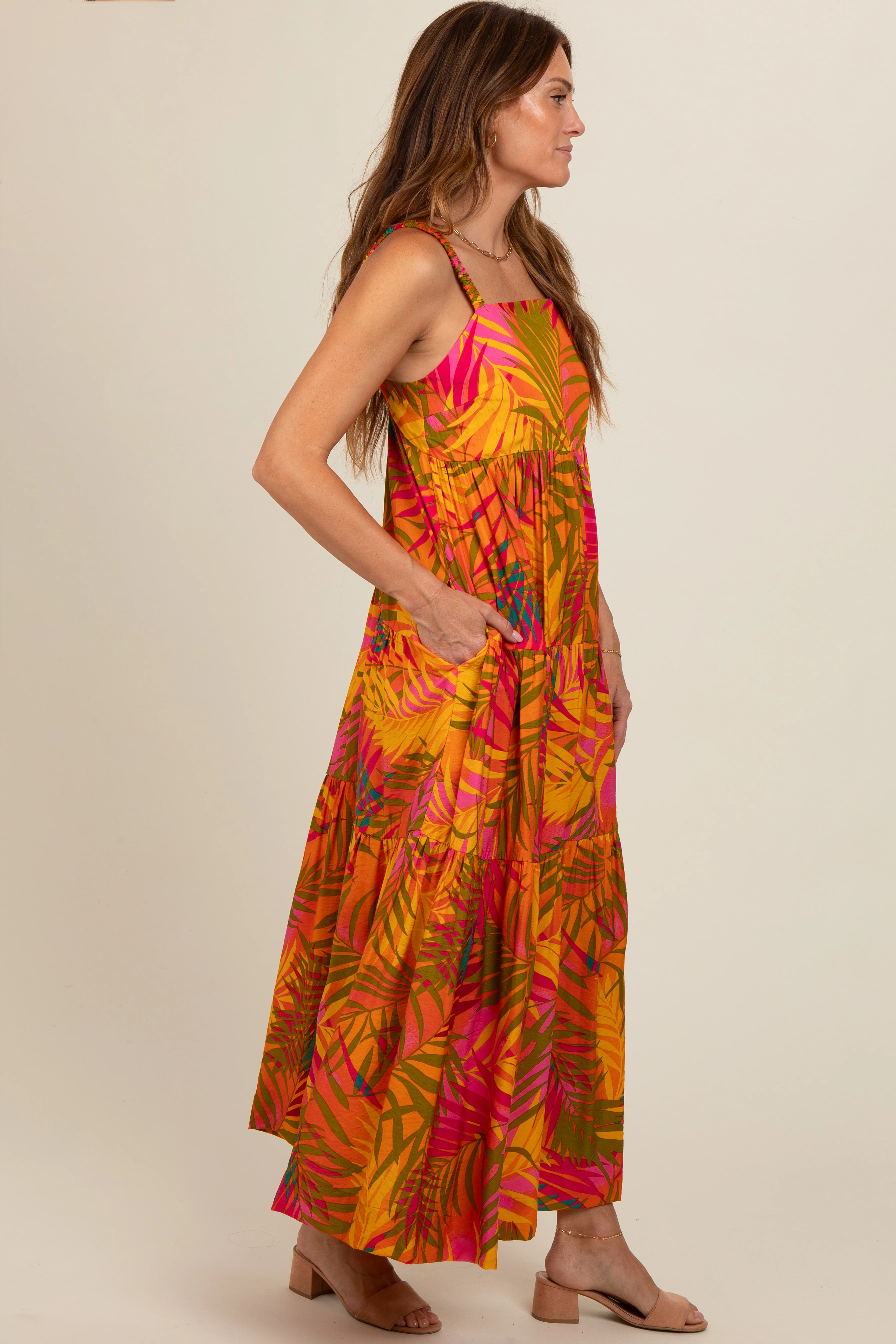 Orange Tropical Tiered Maxi Dress - Image 3