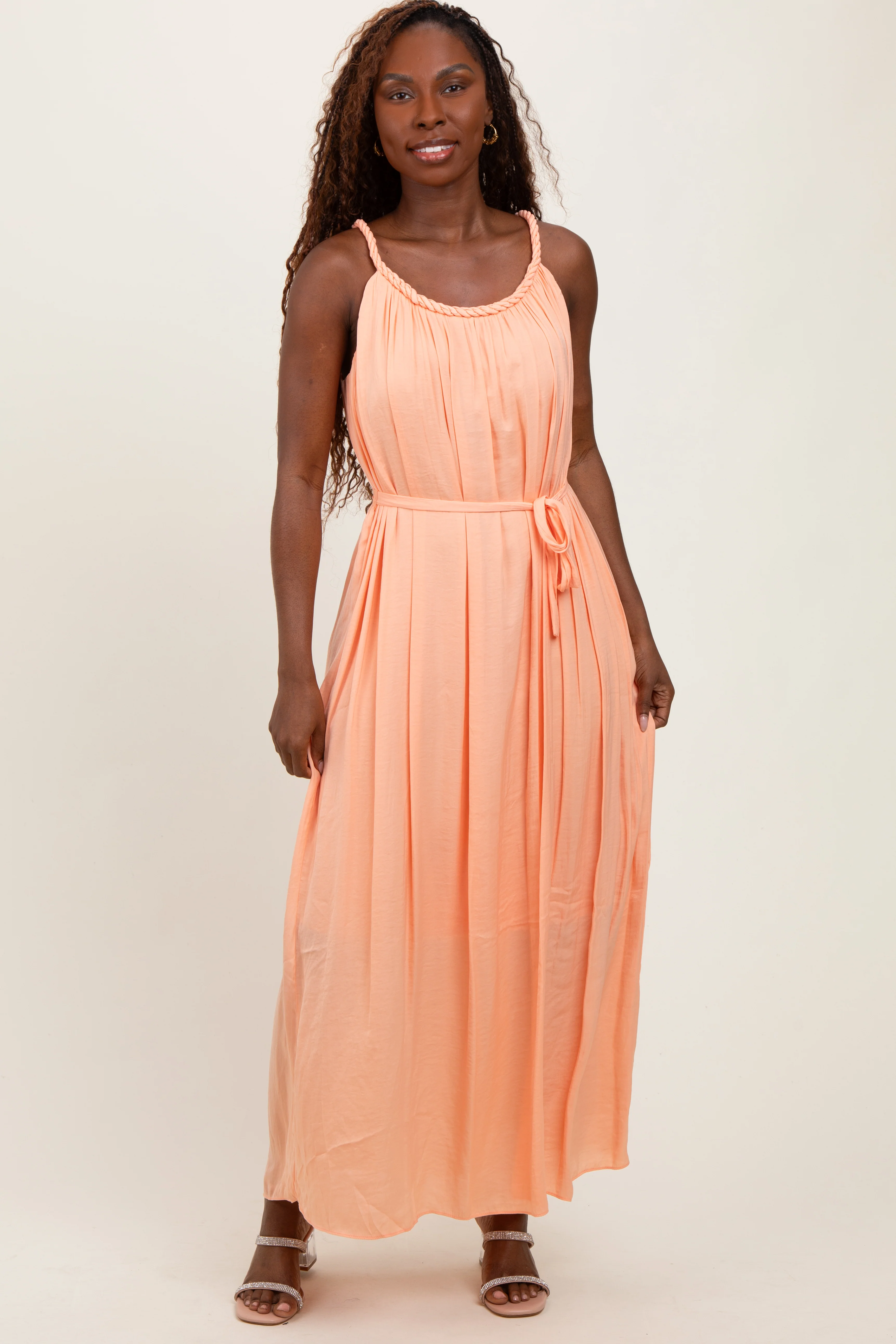Peach Braided Neckline Maternity Maxi Dress - Image 4