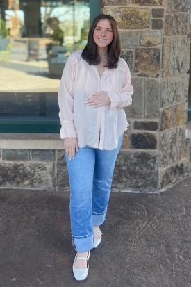 Peach Button-Down Raw Hem Maternity Blouse - Image 6