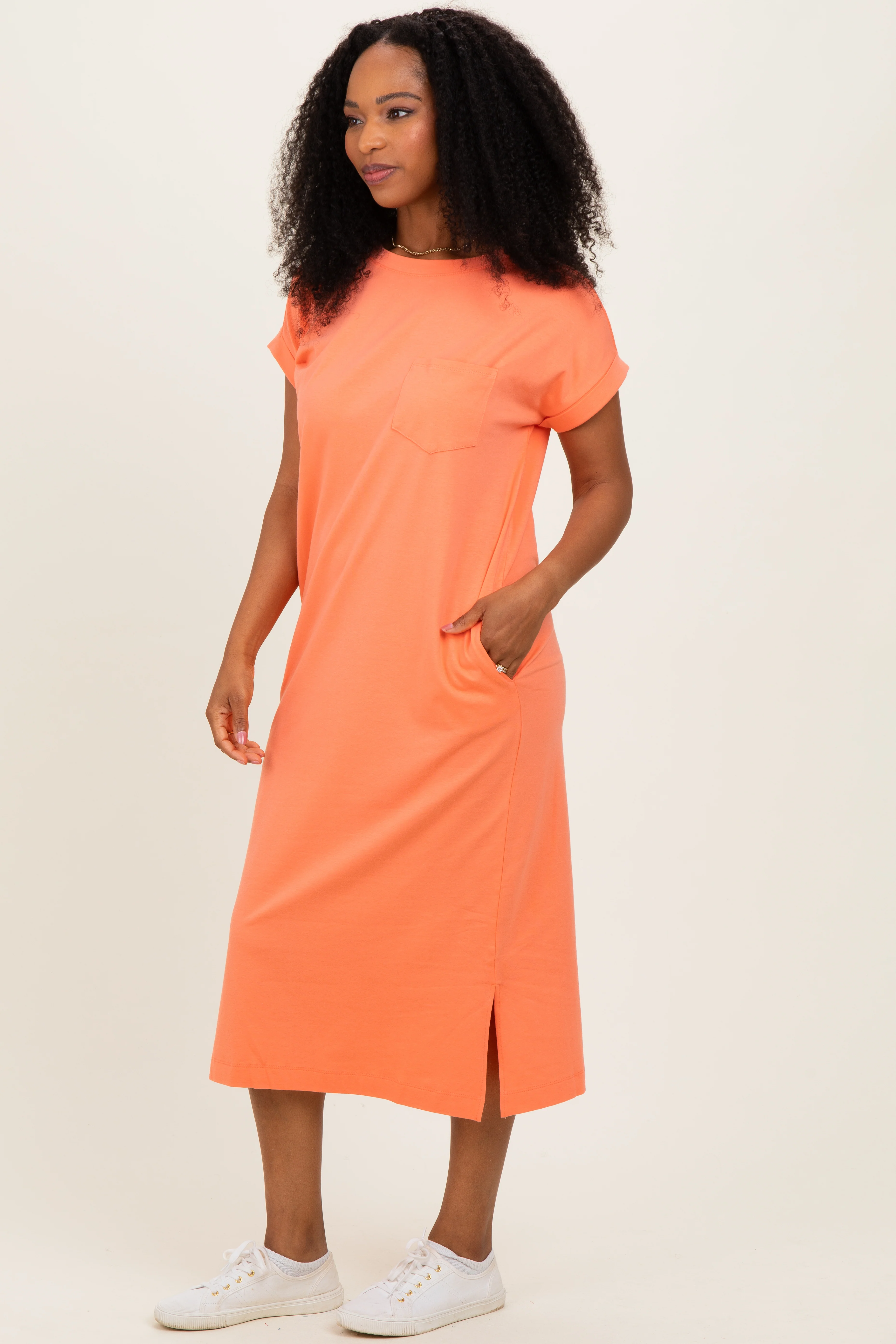 Peach Coral Pocket Front Midi T-Shirt Dress - Image 2