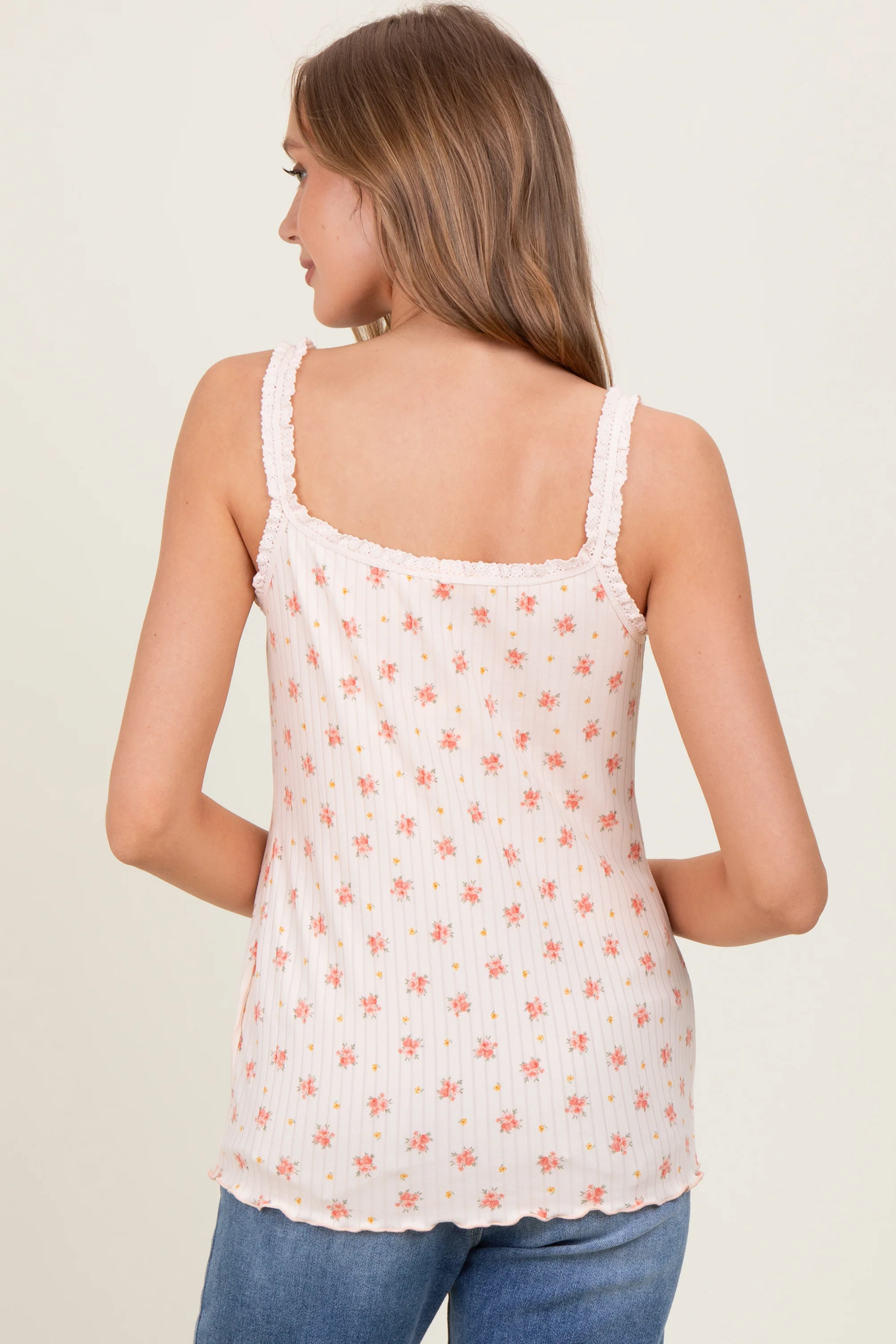 Peach Ditsy Floral Lace-Trim Tank Top - Image 4