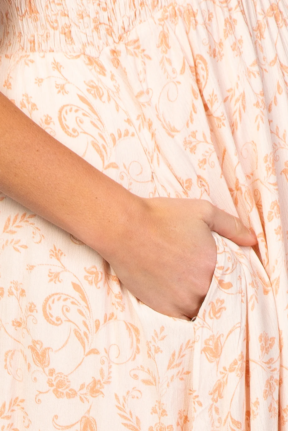 Peach Floral Button Front Smocked Maternity Midi Dress - Image 4
