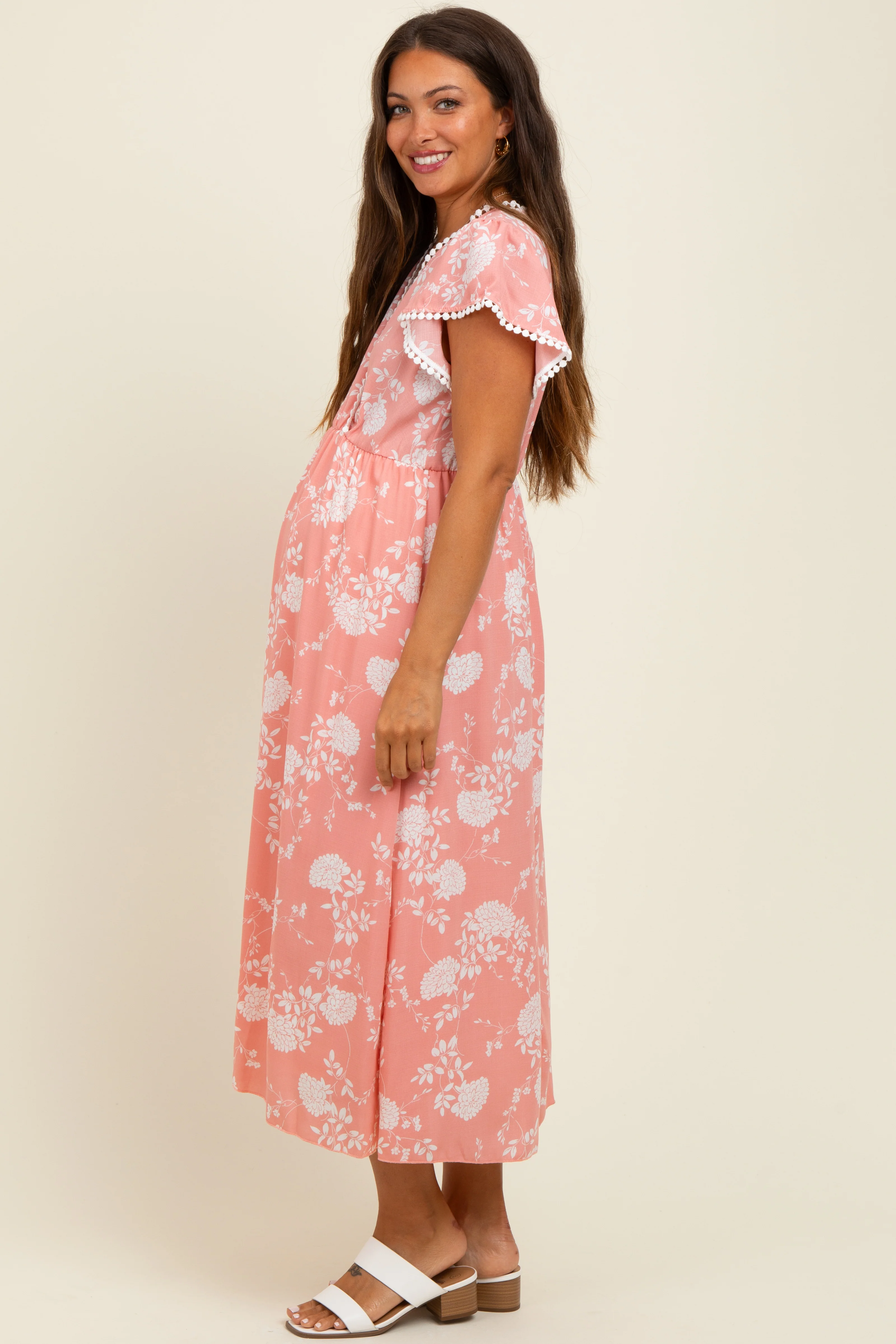 Peach Floral Crochet Trim Maternity Midi Dress - Image 3