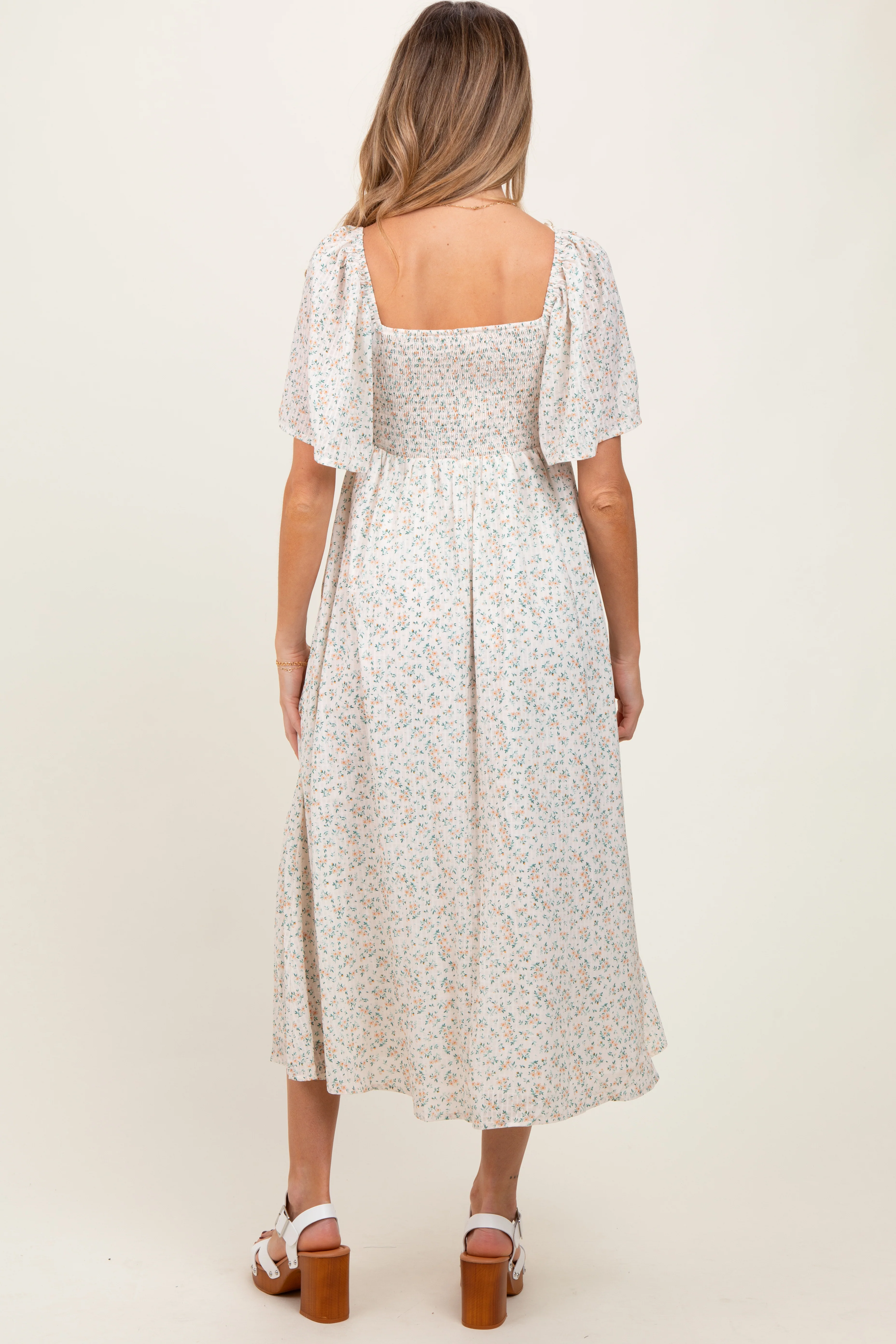 Peach Floral Front Tie Maternity Midi Dress - Image 4