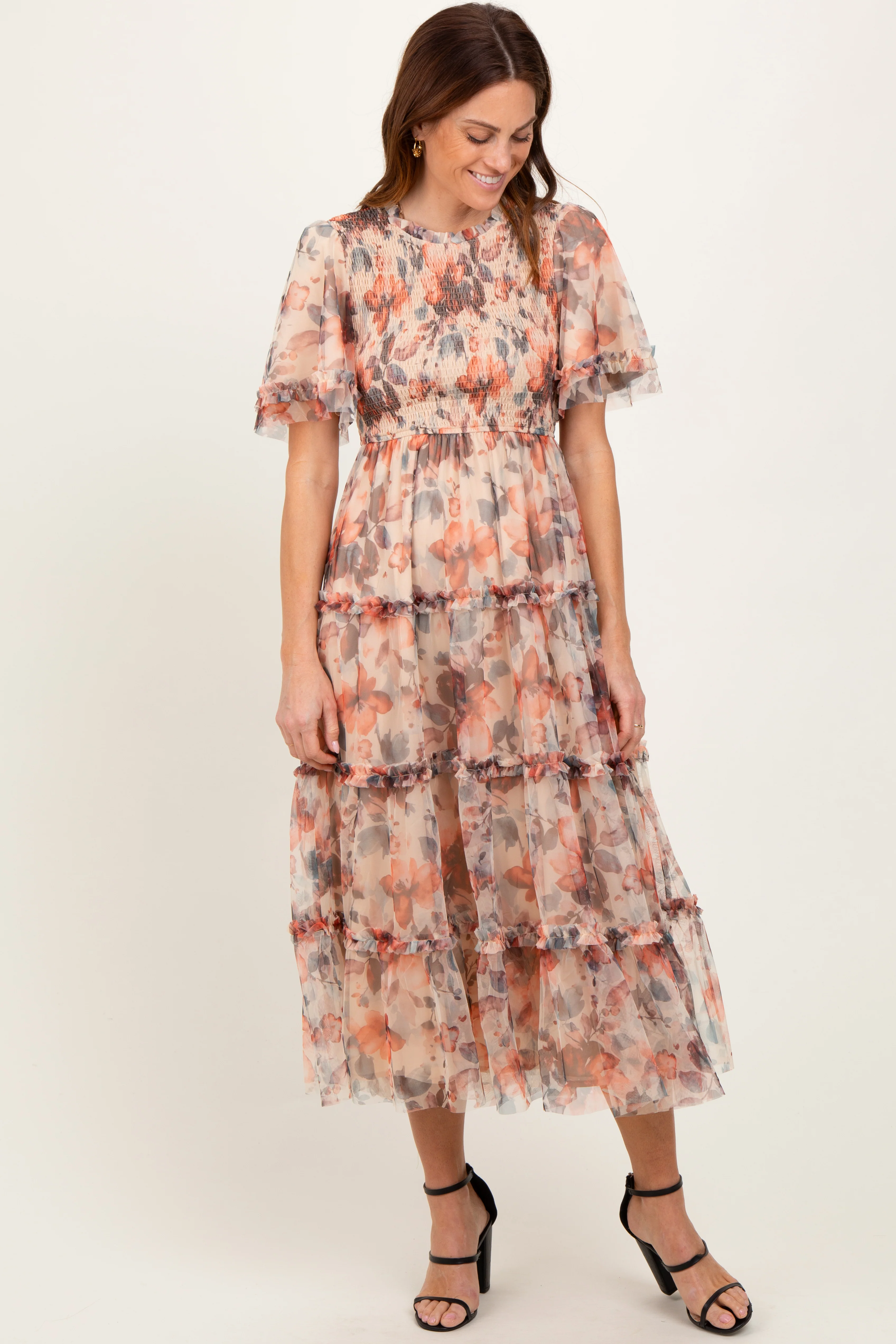 Peach Floral Mesh Smocked Maternity Midi Dress - Image 5
