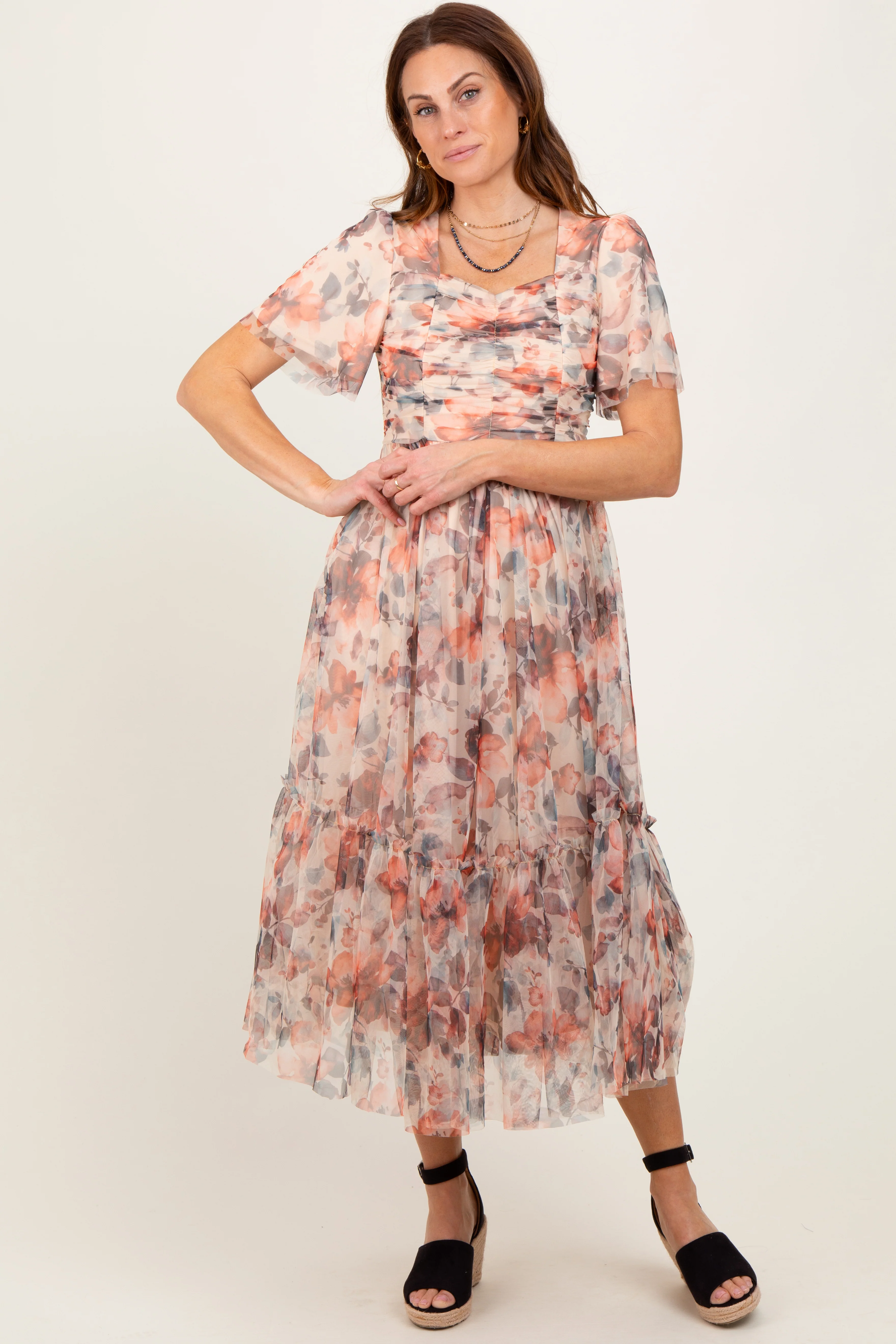 Peach Floral Mesh Sweetheart Neck Maternity Midi Dress - Image 4