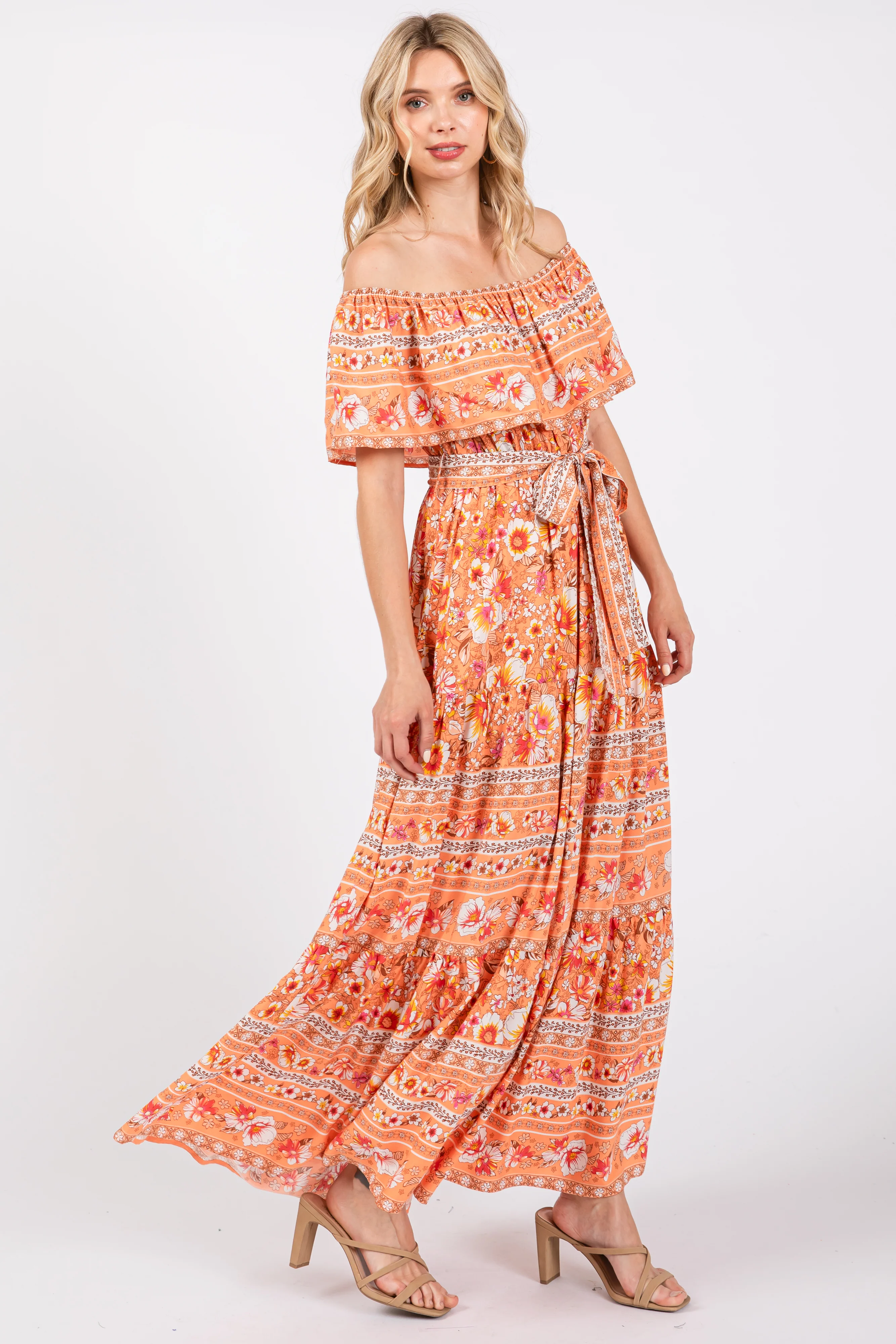 Peach Floral Off Shoulder Maxi Dress - Image 2