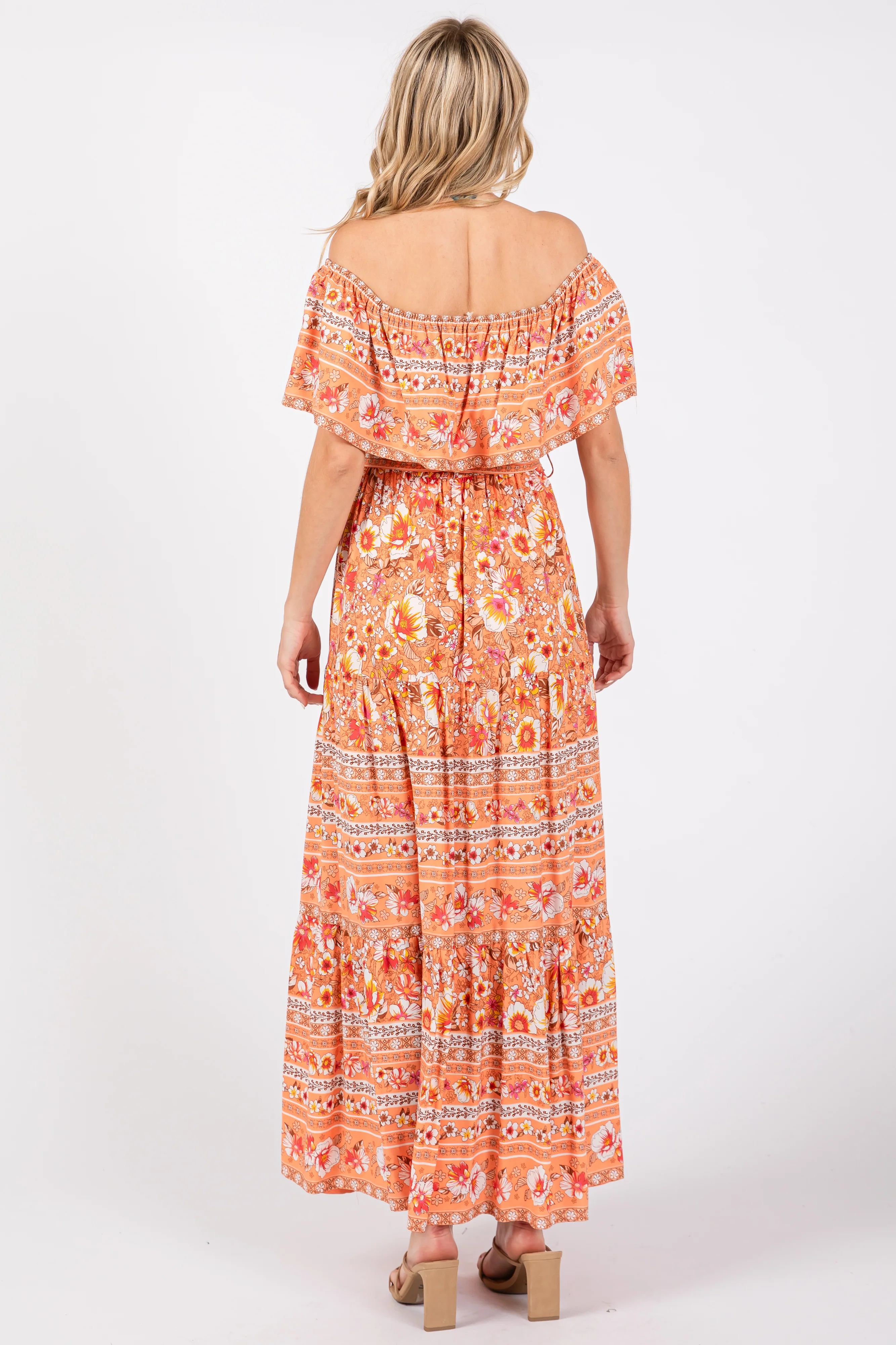 Peach Floral Off Shoulder Maxi Dress - Image 3