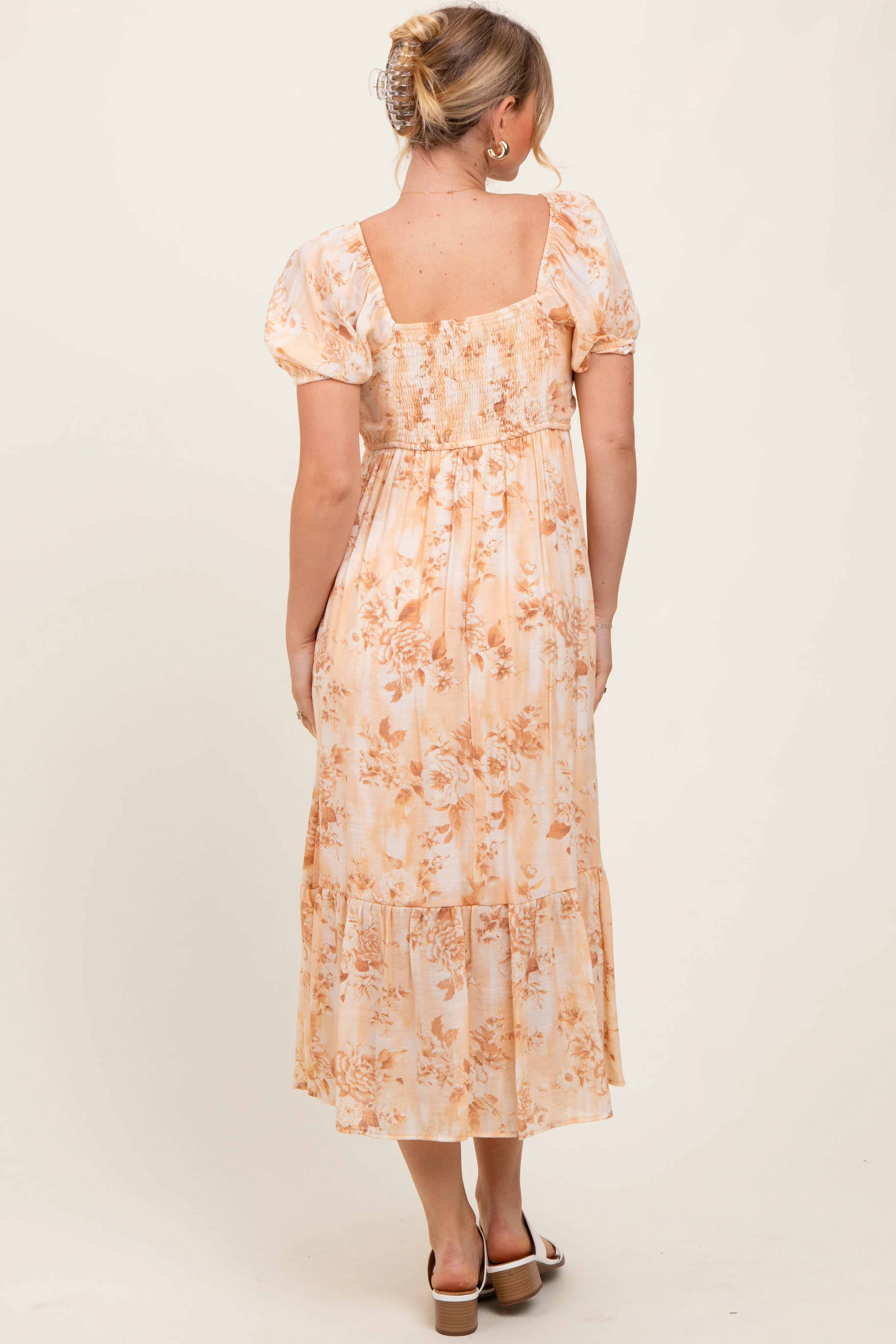 Peach Floral Pleated Bust Puff Sleeve Midi Dress - Image 4
