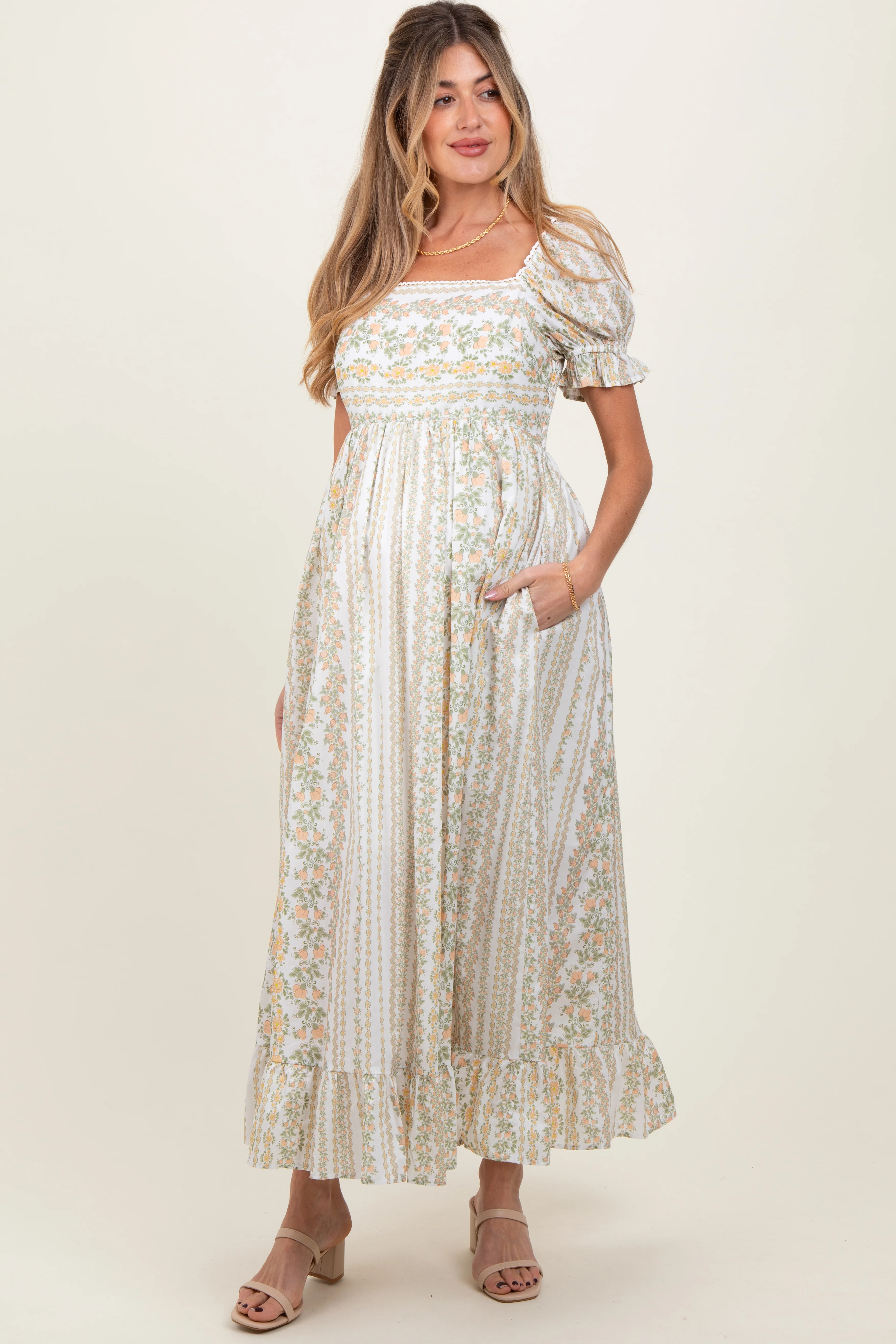 Peach Floral Puff Sleeve Lace Trim Maternity Maxi Dress - Image 3