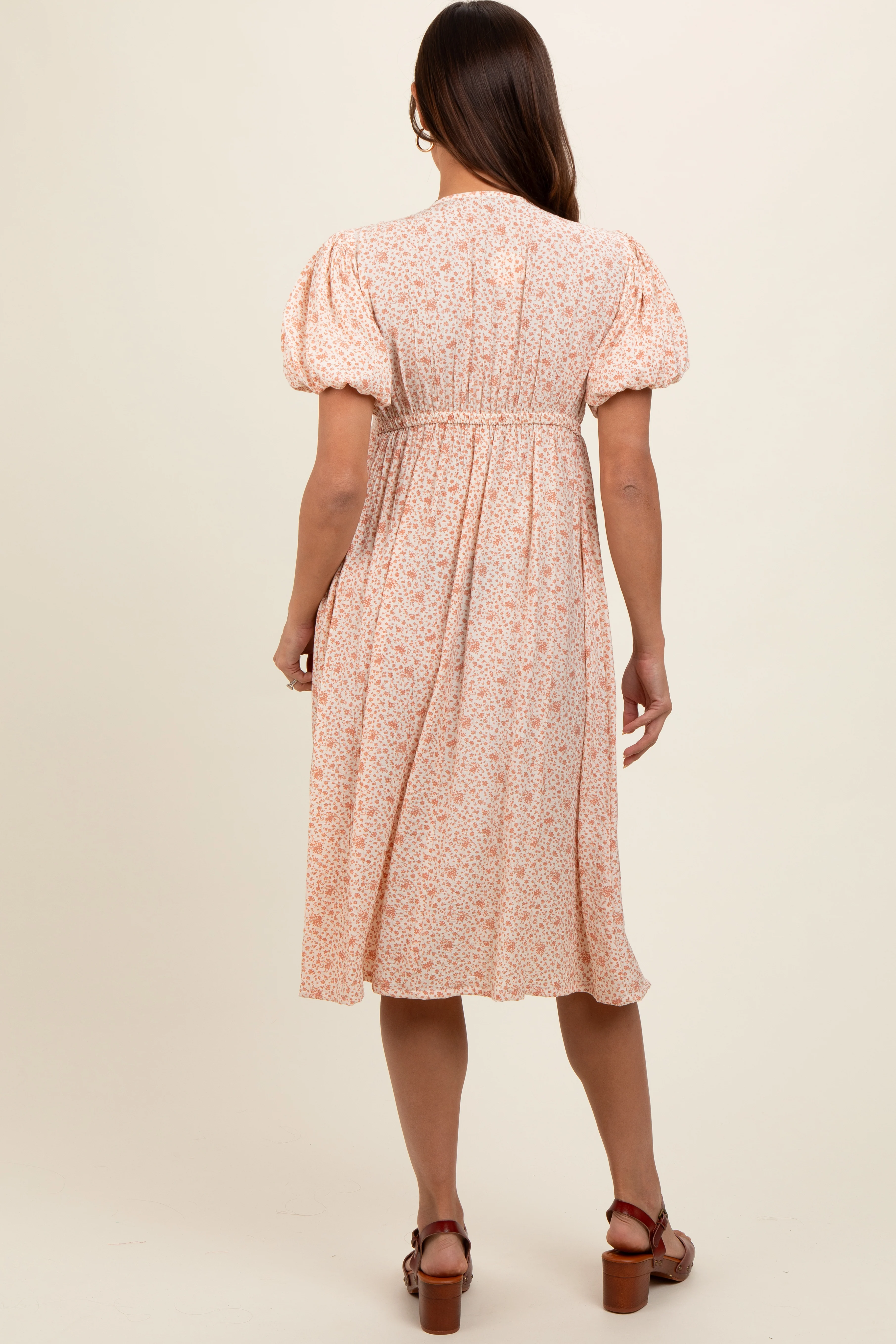 Peach Floral Puff Sleeve Maternity Midi Dress - Image 3